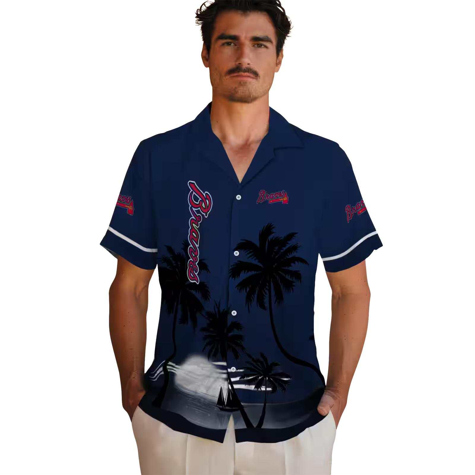 atlanta braves beach sunset navy black hawaiian shirt fashion forward