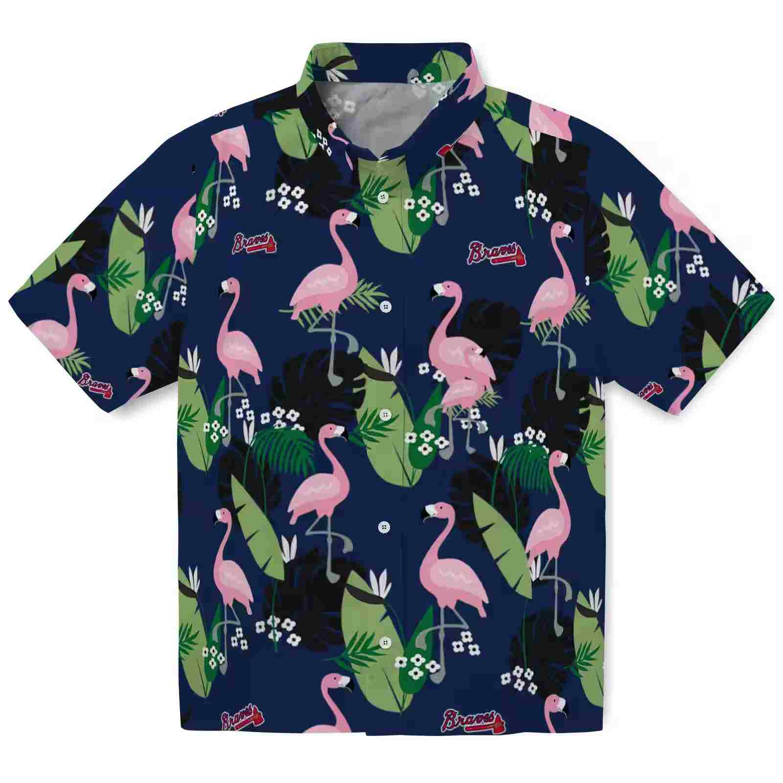 Atlanta Braves Flamingo Leaf Motif Navy Hawaiian Shirt