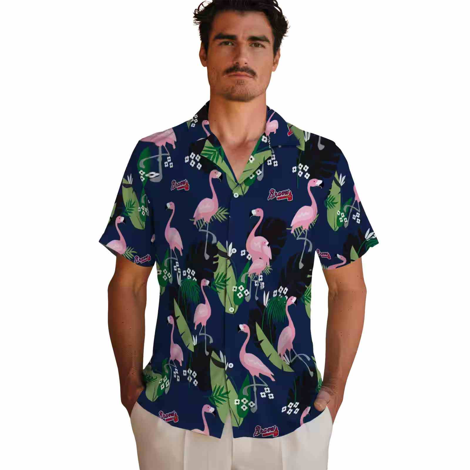 atlanta braves flamingo leaf motif navy hawaiian shirt fashion forward