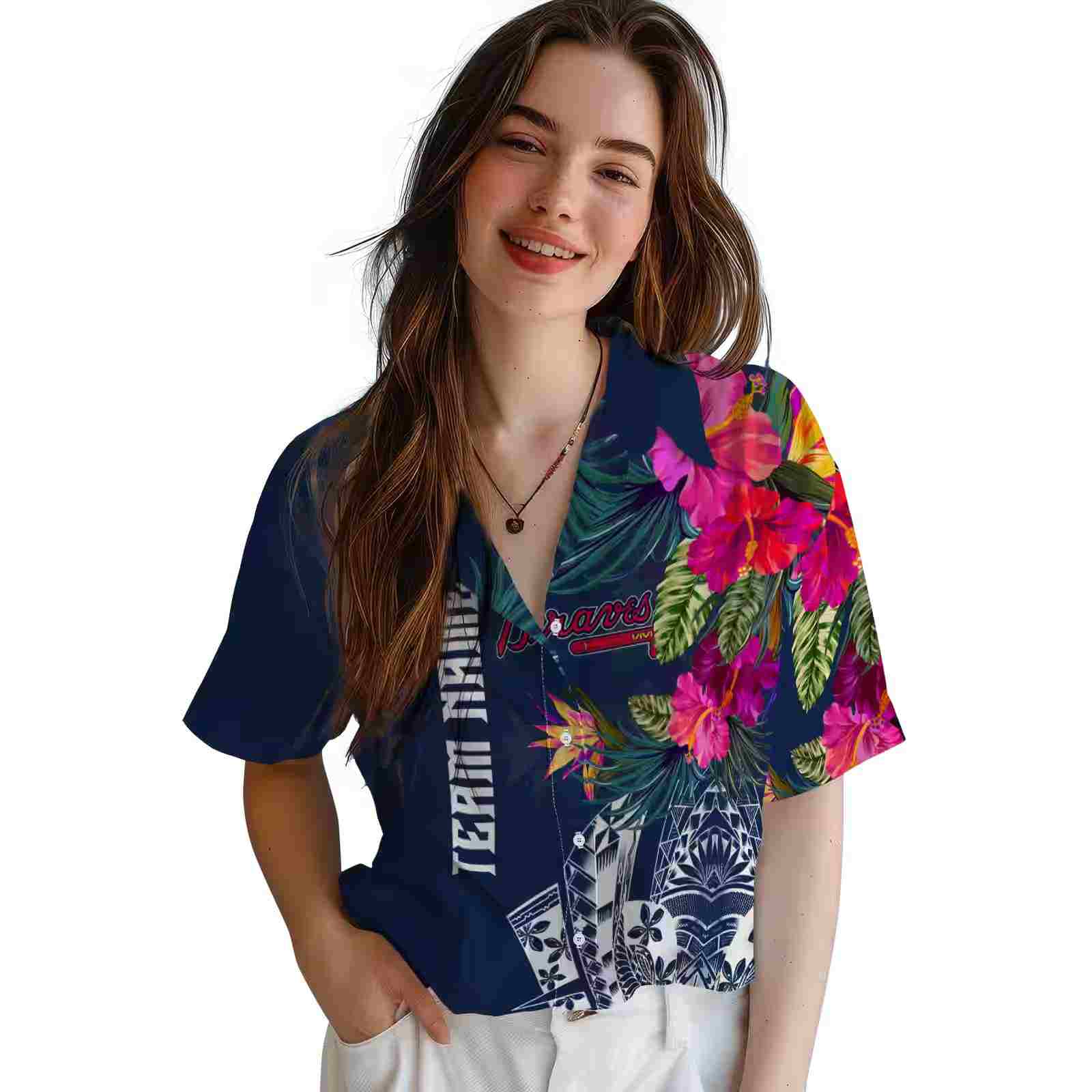 atlanta braves floral polynesian navy hawaiian shirt latest model