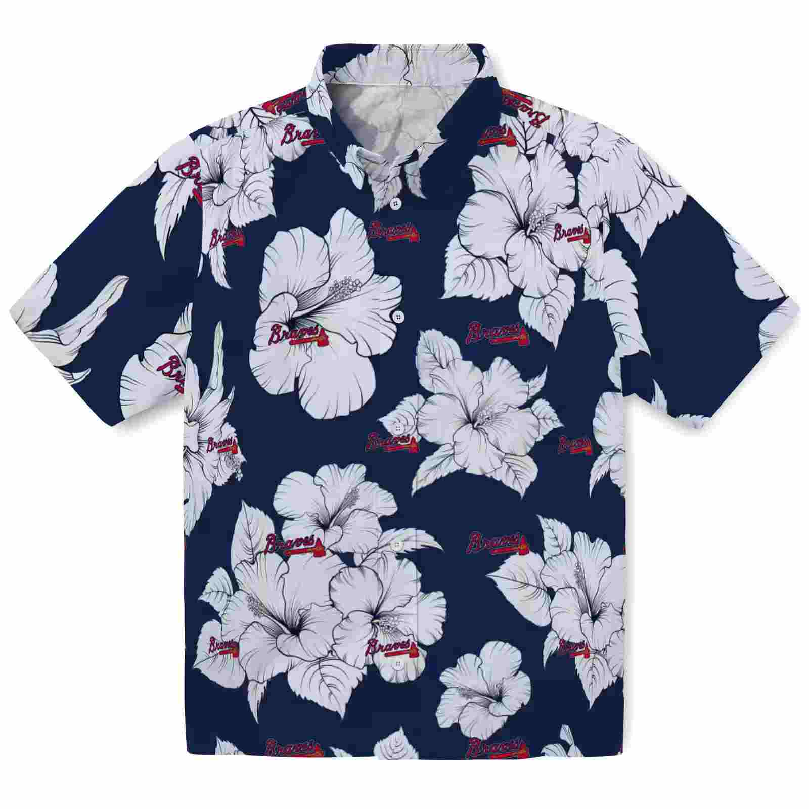 atlanta braves hibiscus blooms navy white hawaiian shirt best selling