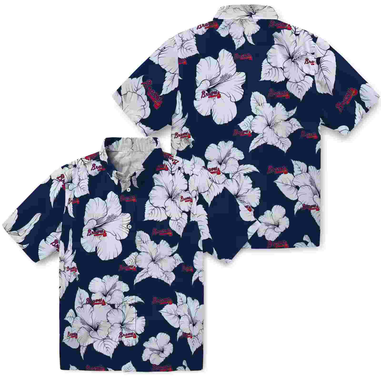 atlanta braves hibiscus blooms navy white hawaiian shirt high quality