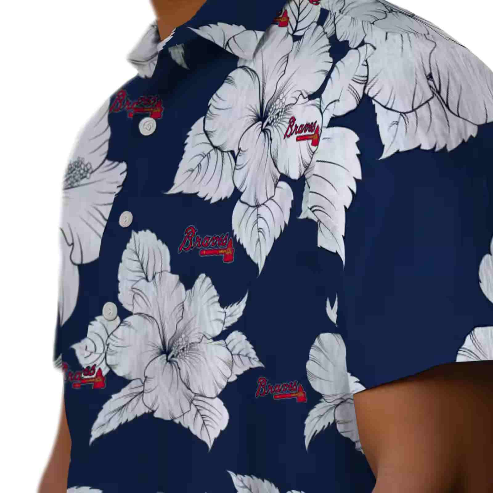 atlanta braves hibiscus blooms navy white hawaiian shirt trendy