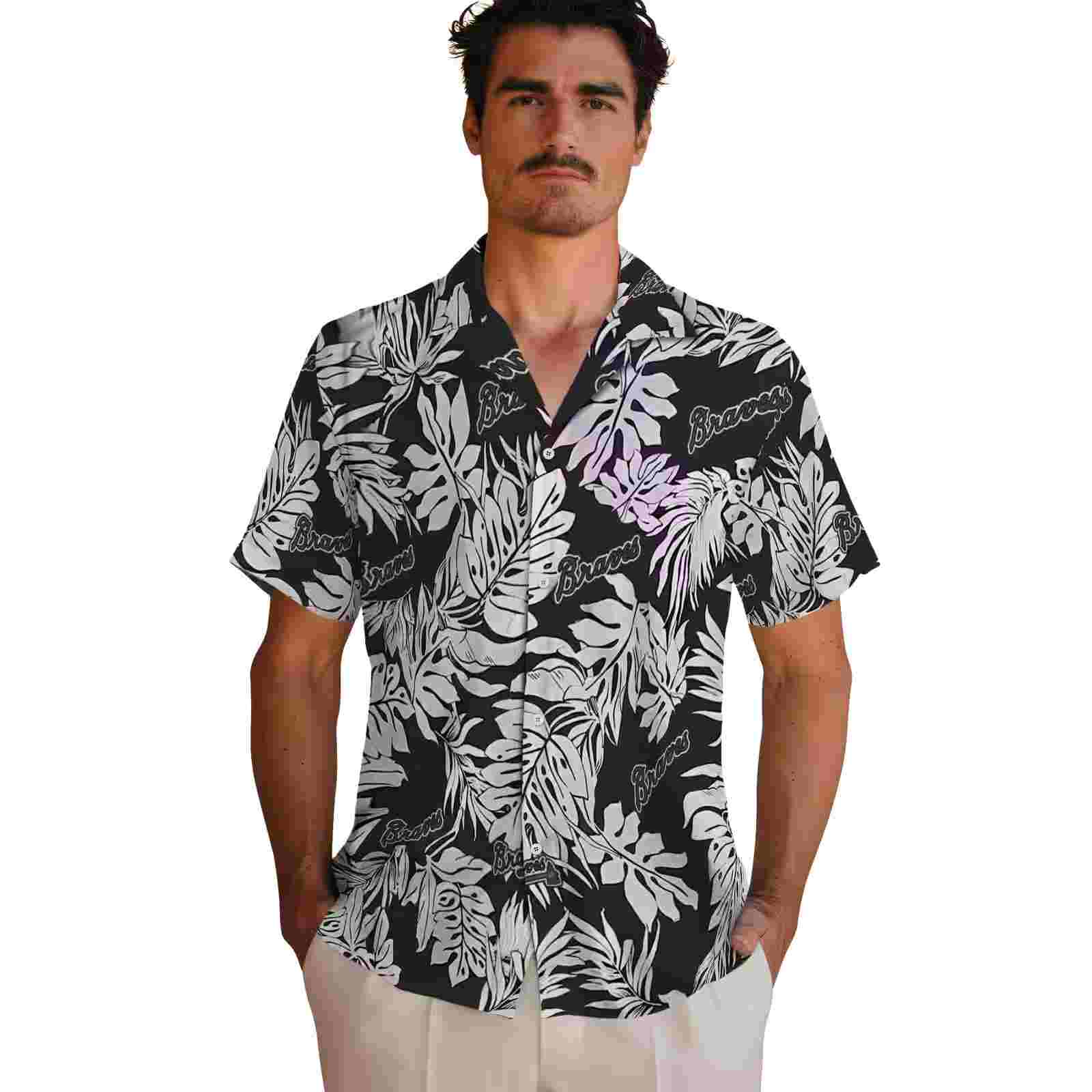 atlanta braves monstera leaf pattern black hawaiian shirt fashion forward