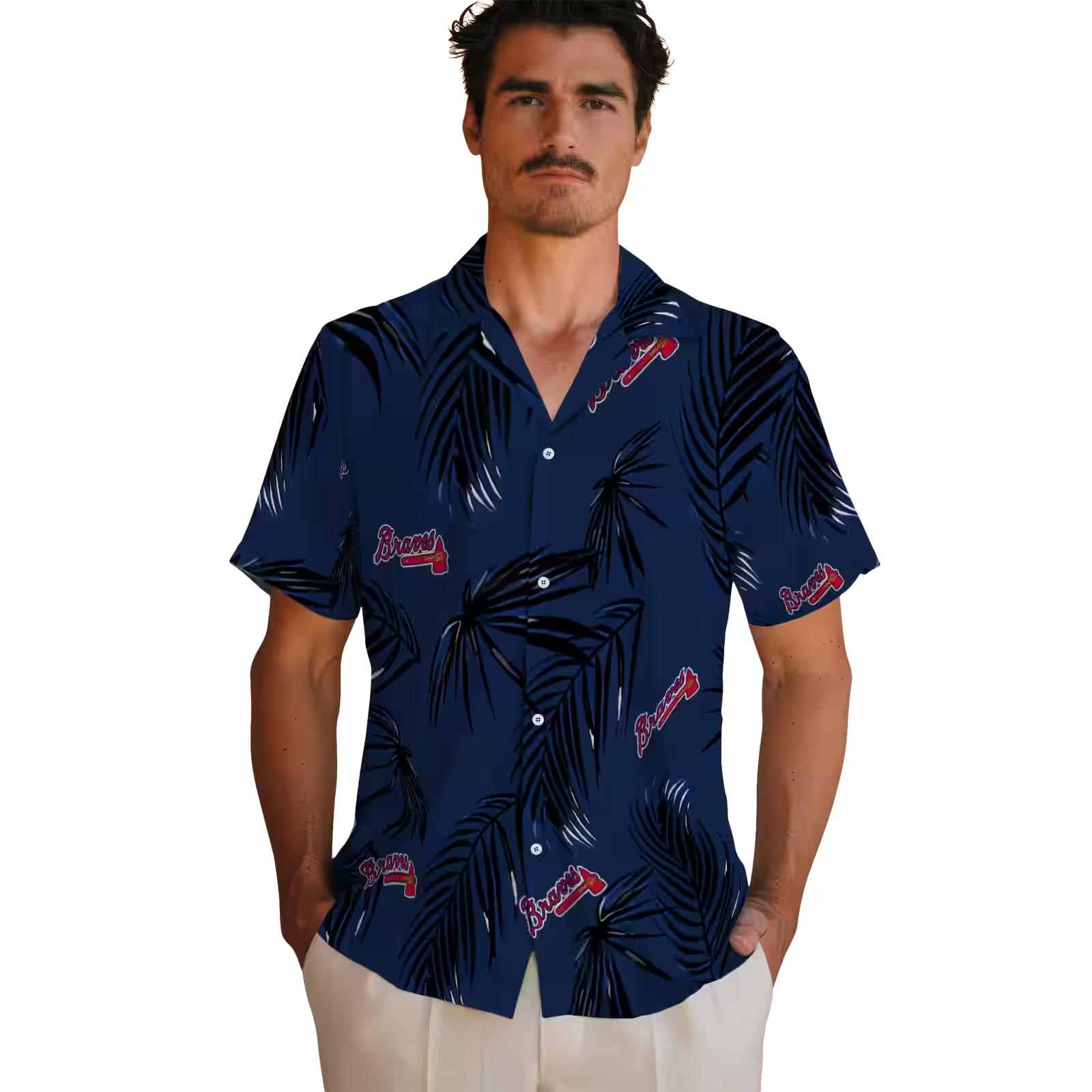 atlanta braves palm leaf navy hawaiian shirt fashion forward