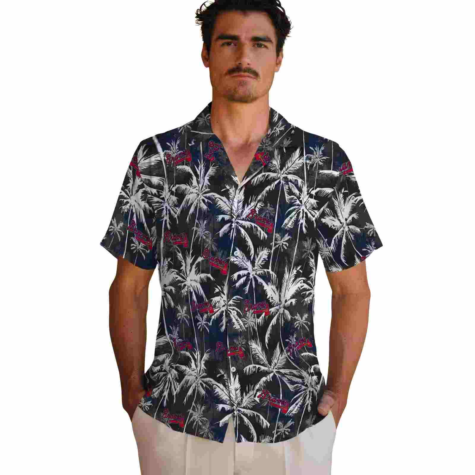 atlanta braves palm pattern navy black hawaiian shirt fashion forward