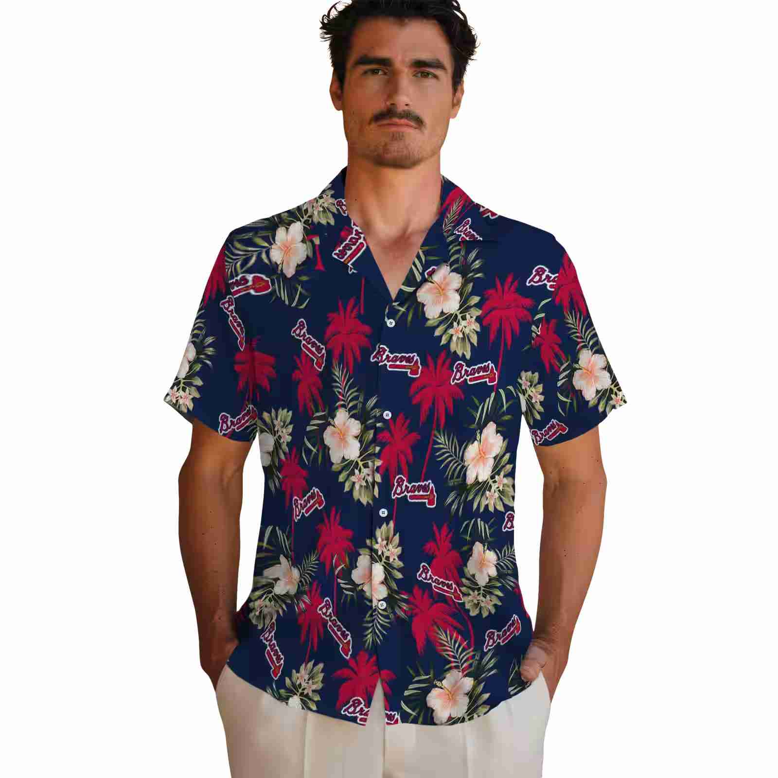 atlanta braves palm tree flower navy hawaiian shirt fashion forward