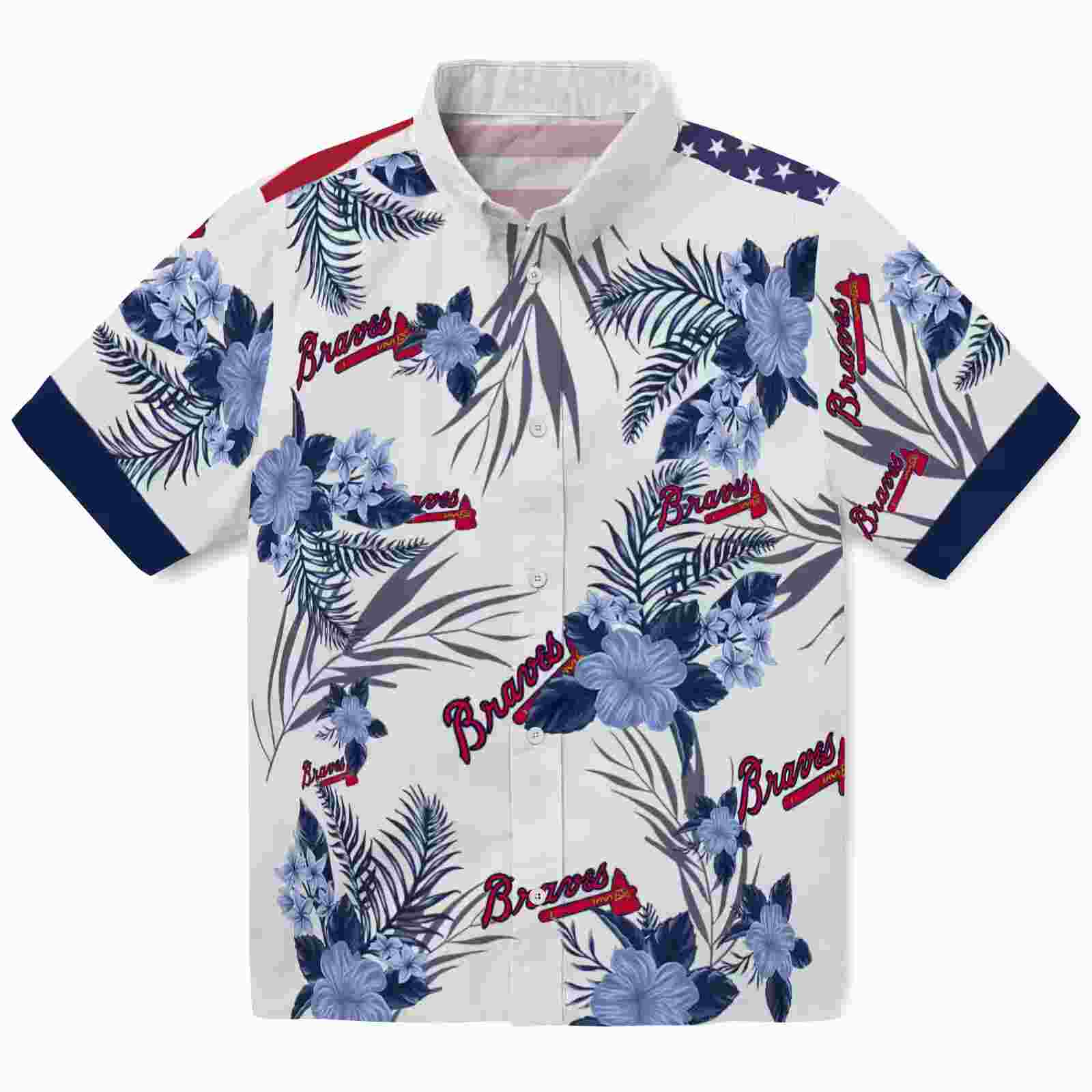 Atlanta Braves Patriotic Hibiscus Design Navy White Hawaiian Shirt