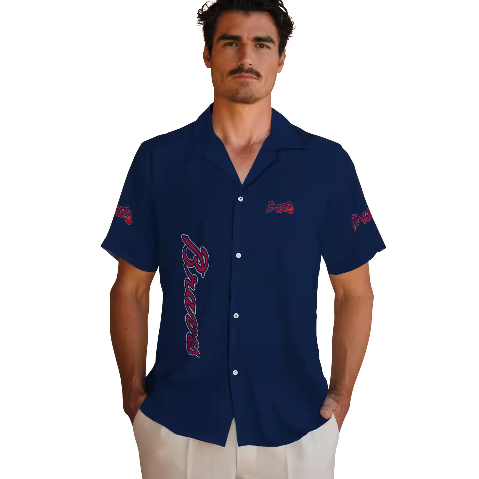 atlanta braves stuart minion navy hawaiian shirt fashion forward