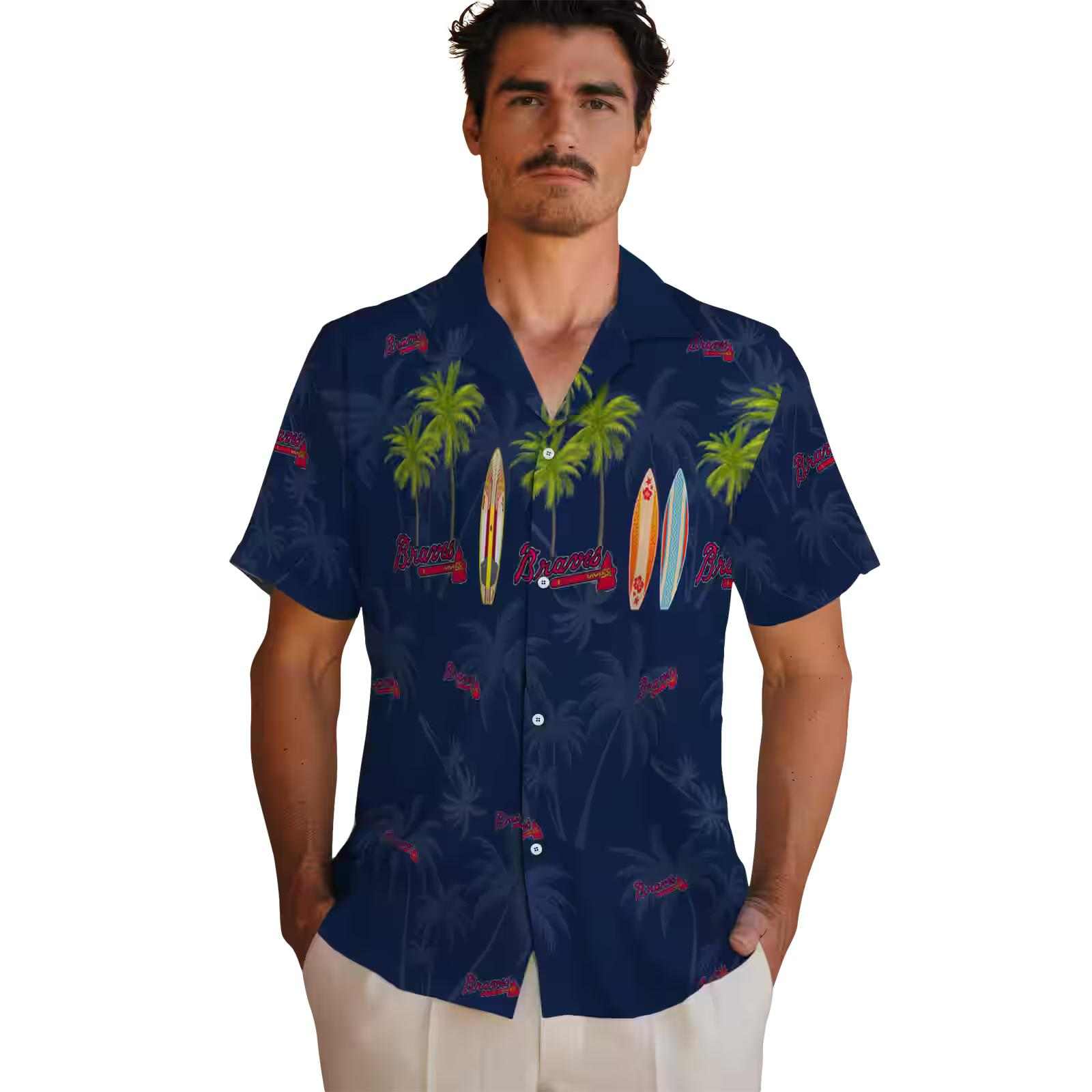 atlanta braves surfboard palm navy hawaiian shirt fashion forward