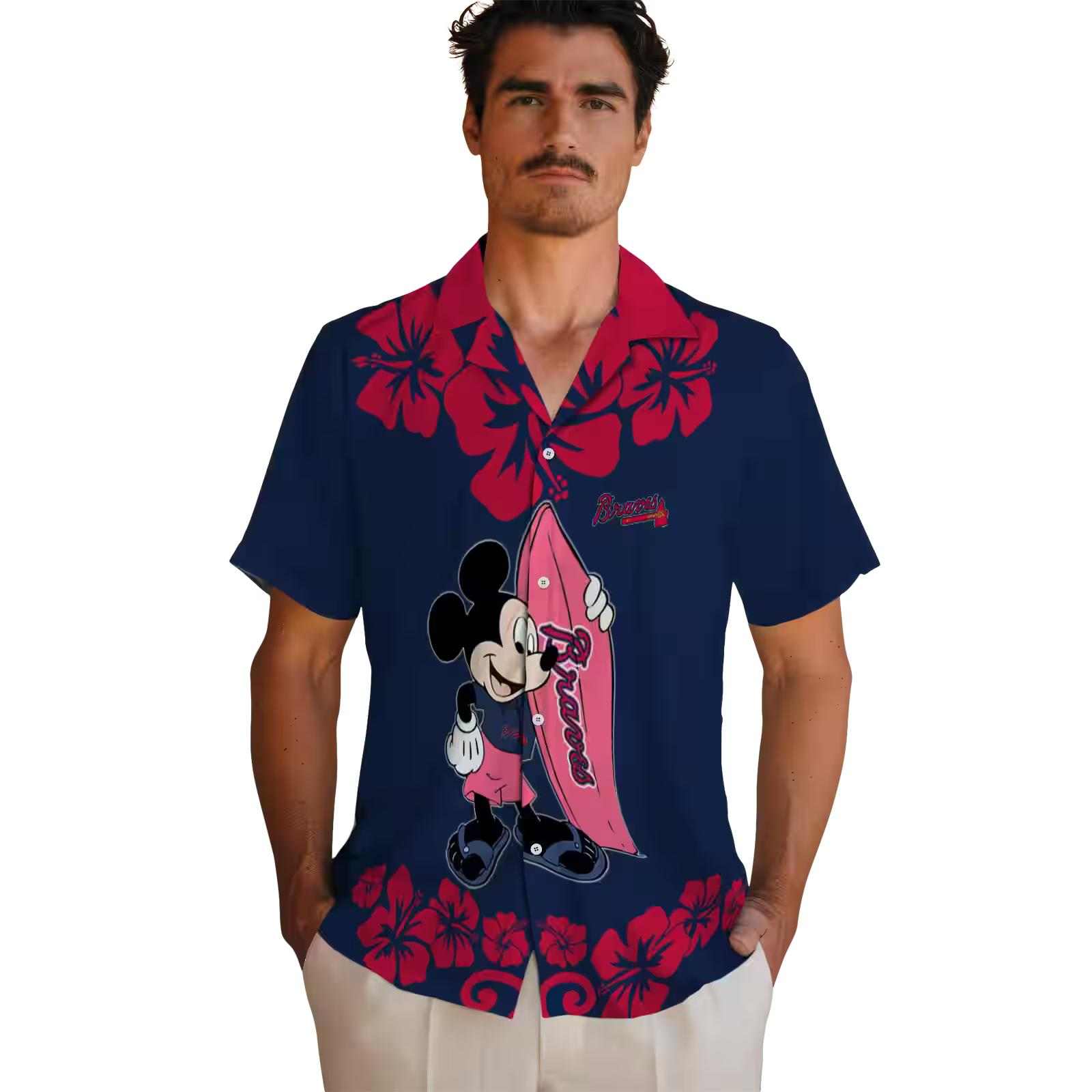 atlanta braves surfing mickey navy hawaiian shirt fashion forward