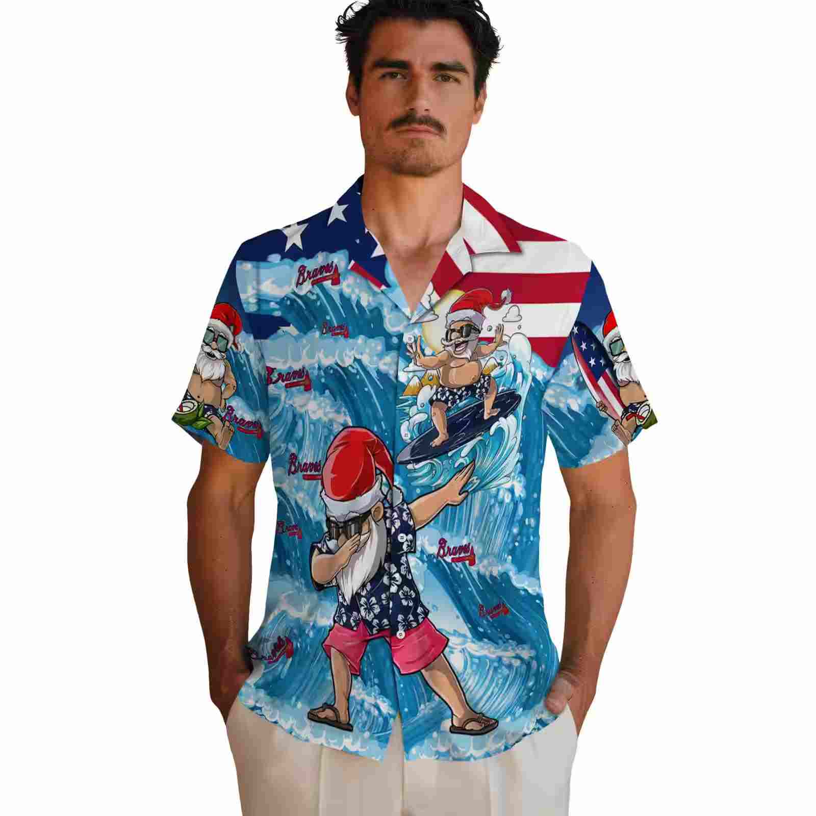 atlanta braves surfing santa blue hawaiian shirt fashion forward