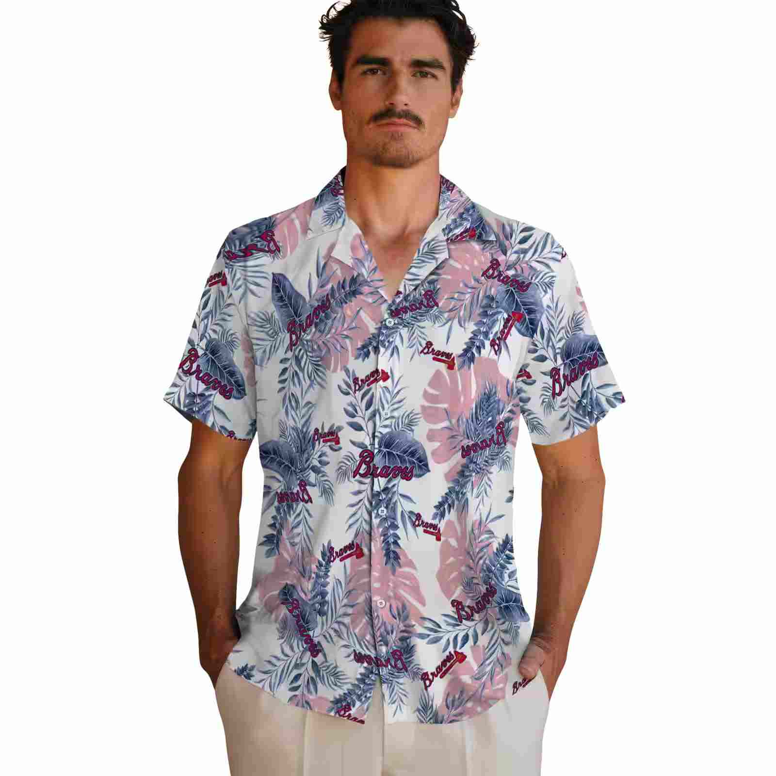 atlanta braves tropical leaves white hawaiian shirt fashion forward