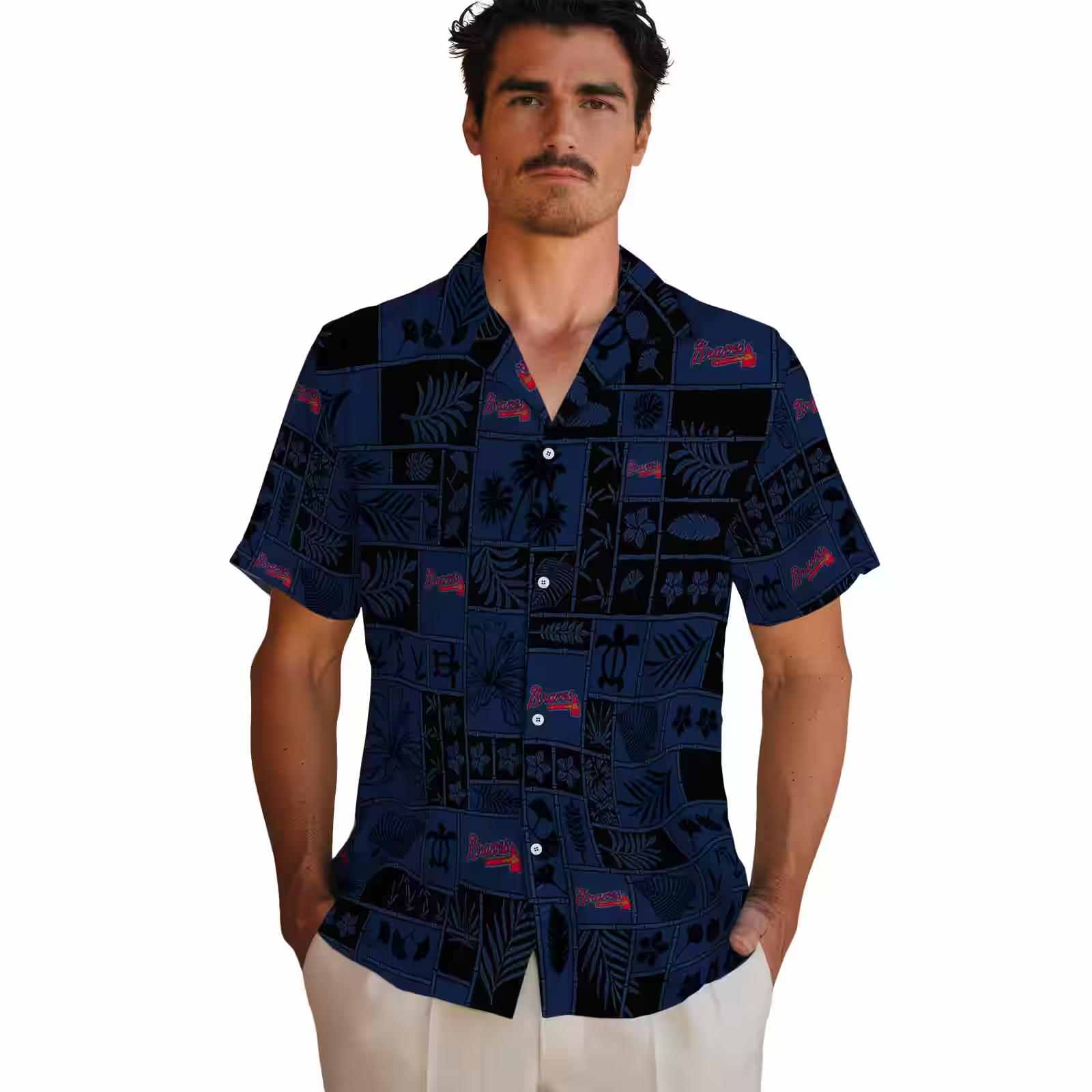 atlanta braves tropical patchwork navy black hawaiian shirt fashion forward