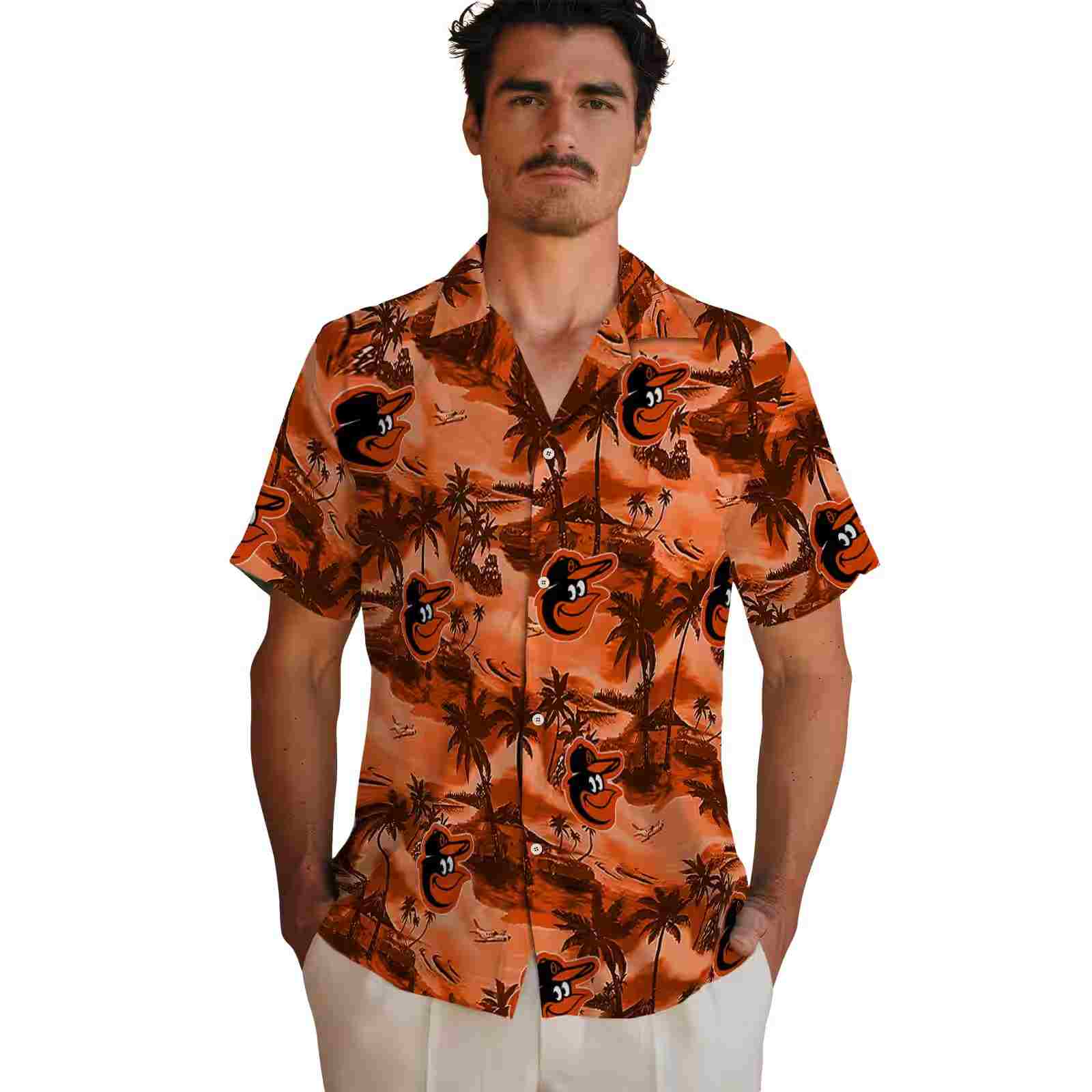 baltimore orioles coastal palms orange hawaiian shirt fashion forward