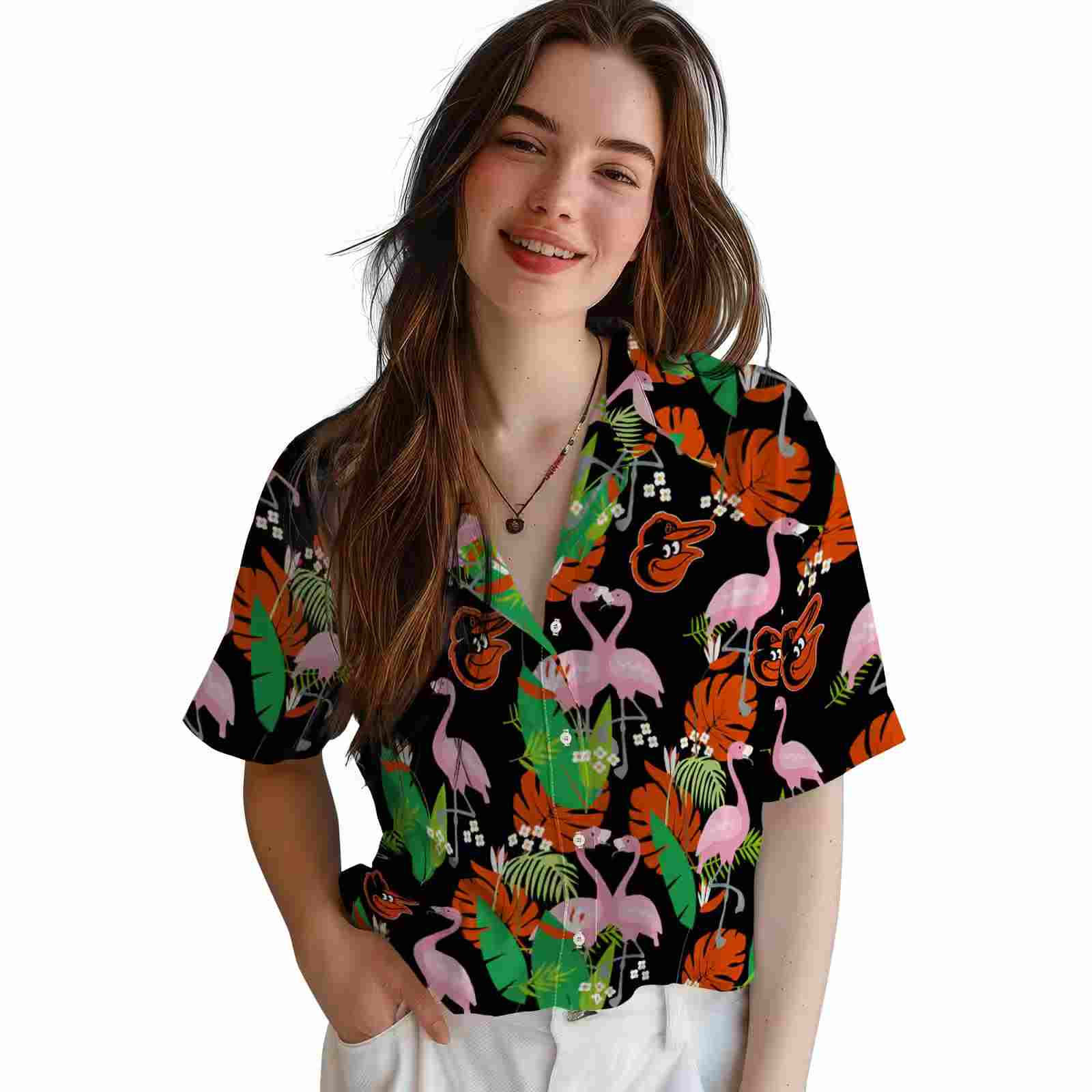 baltimore orioles flamingo foliage orange green hawaiian shirt latest model