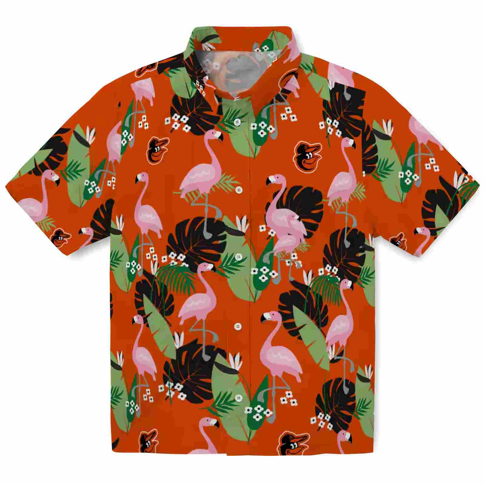 Baltimore Orioles Flamingo Leaf Motif Orange Hawaiian Shirt