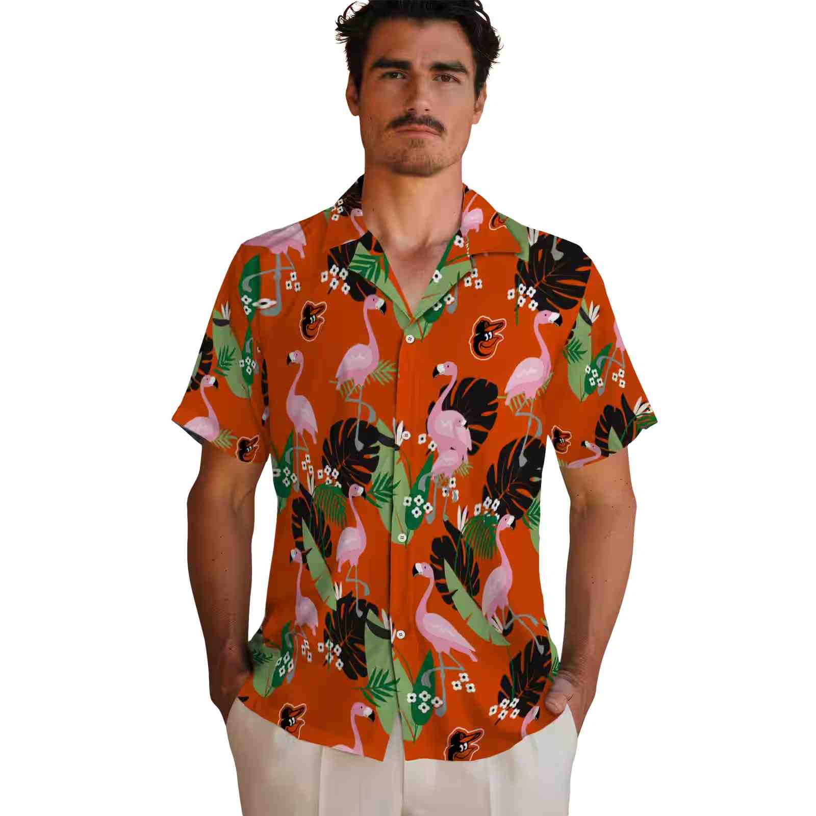 baltimore orioles flamingo leaf motif orange hawaiian shirt fashion forward