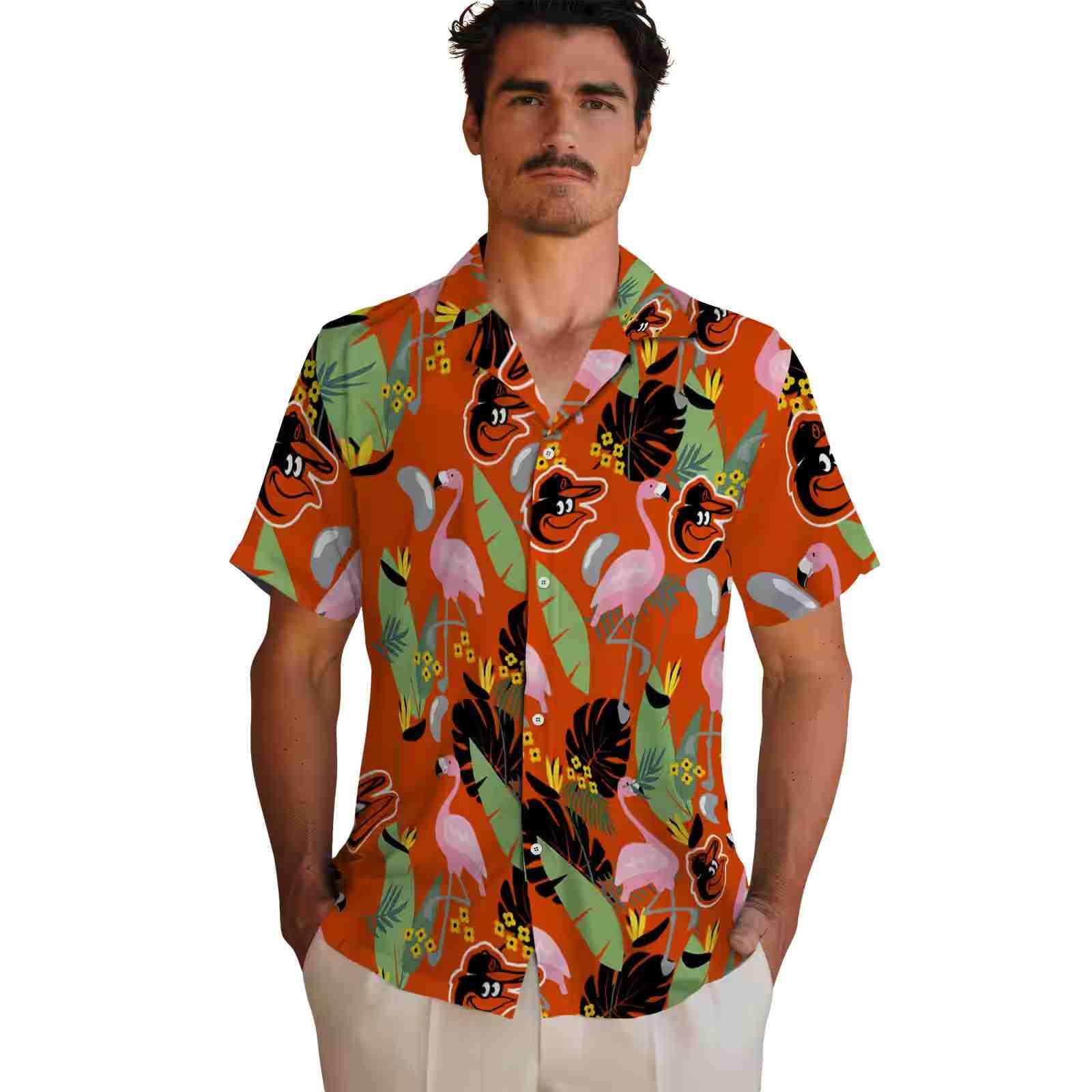 baltimore orioles flamingo leaves orange hawaiian shirt fashion forward