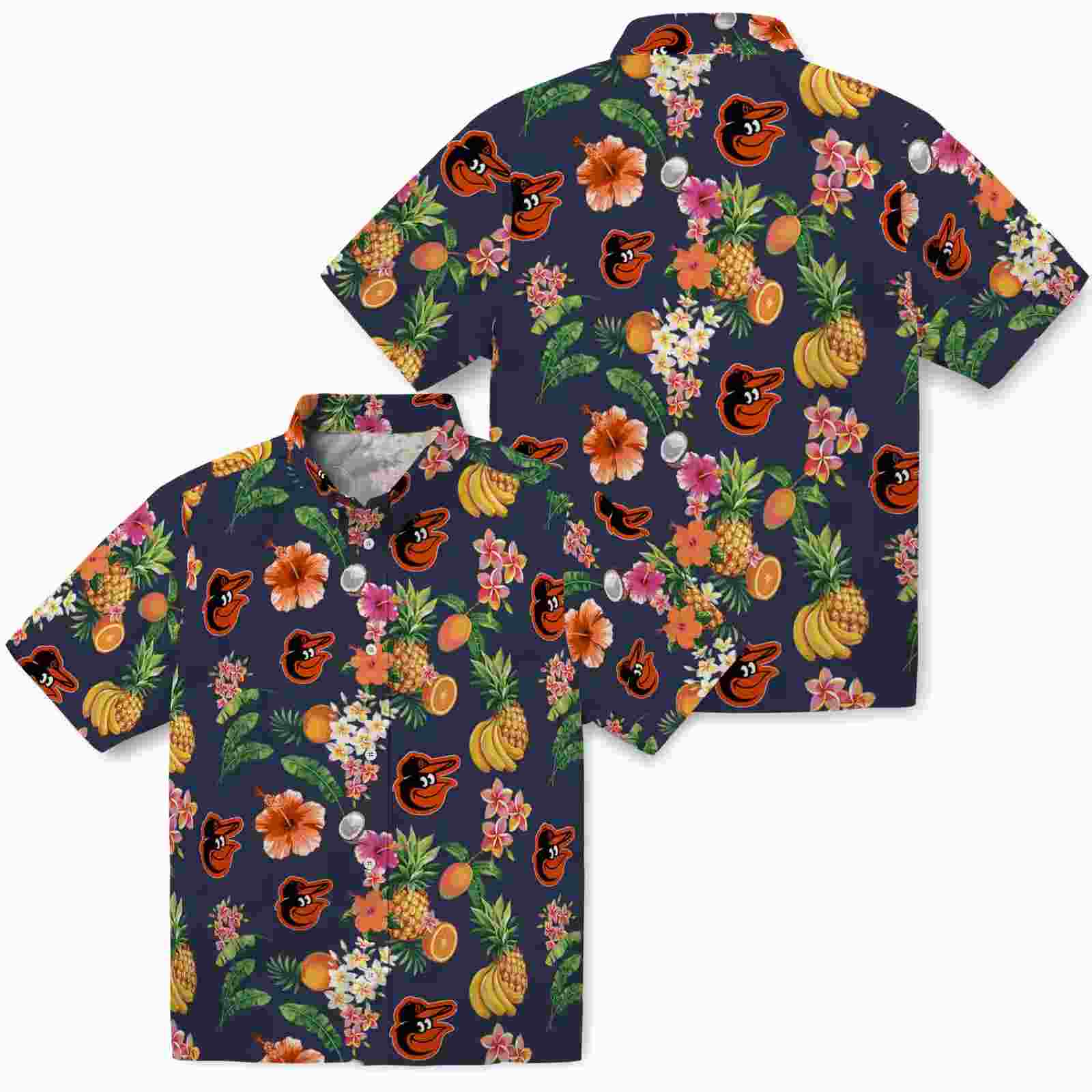 baltimore orioles hibiscus and fruit navy blue hawaiian shirt high quality