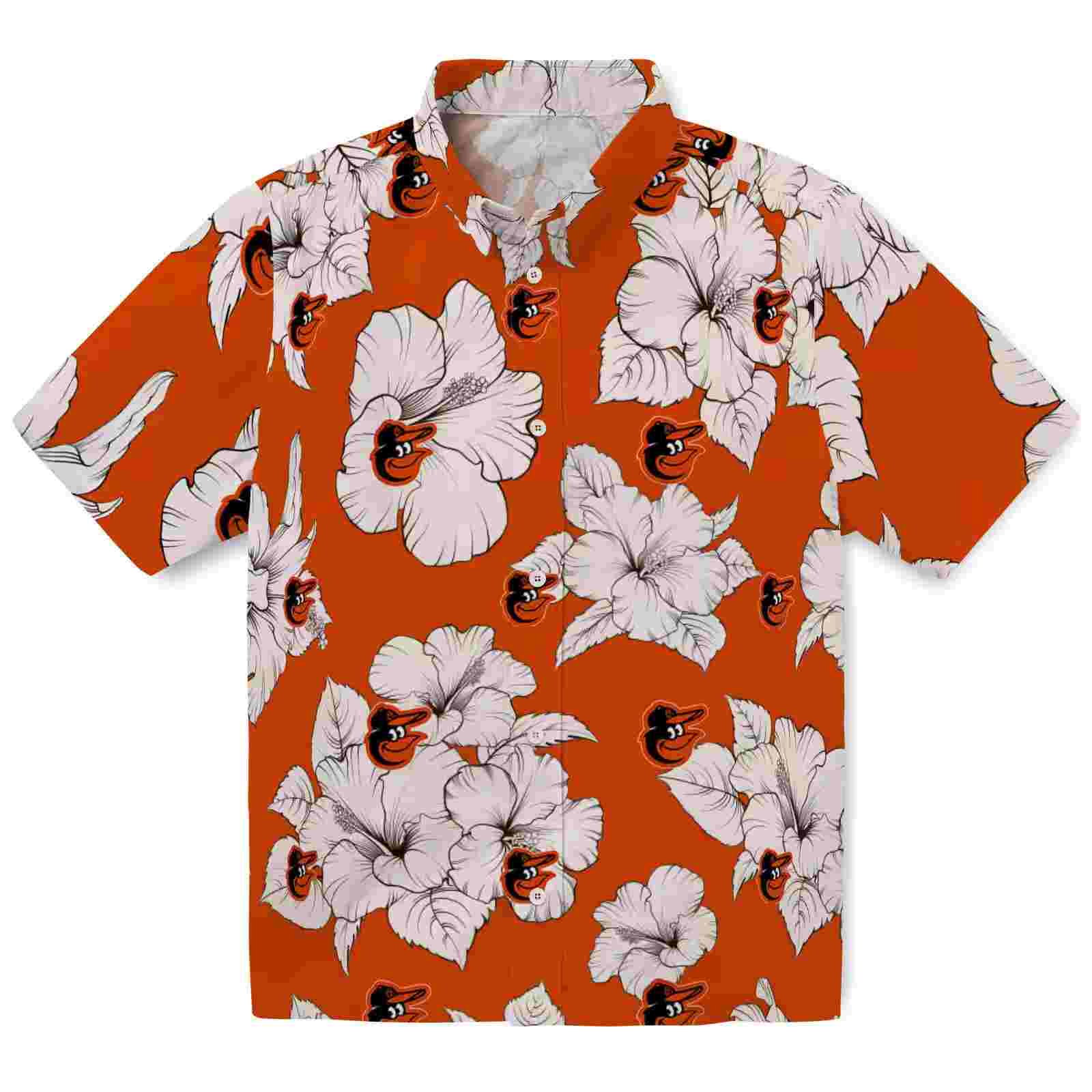 Baltimore Orioles Hibiscus Blooms Orange White Hawaiian Shirt