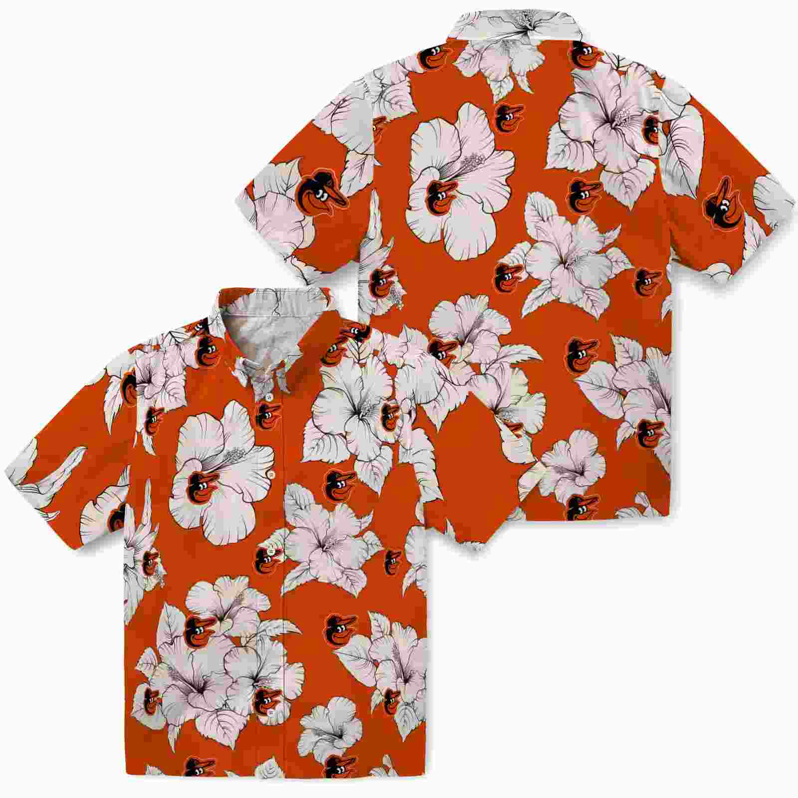 baltimore orioles hibiscus blooms orange white hawaiian shirt high quality