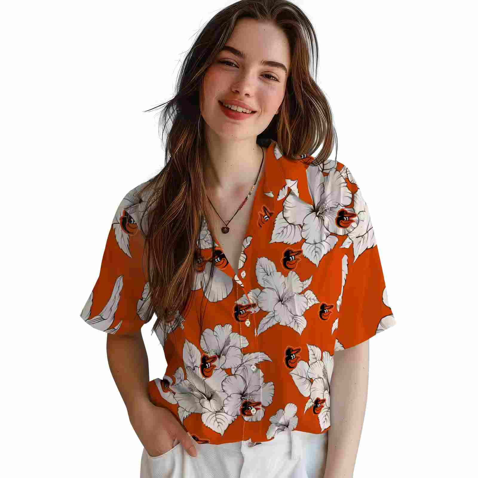 baltimore orioles hibiscus blooms orange white hawaiian shirt latest model