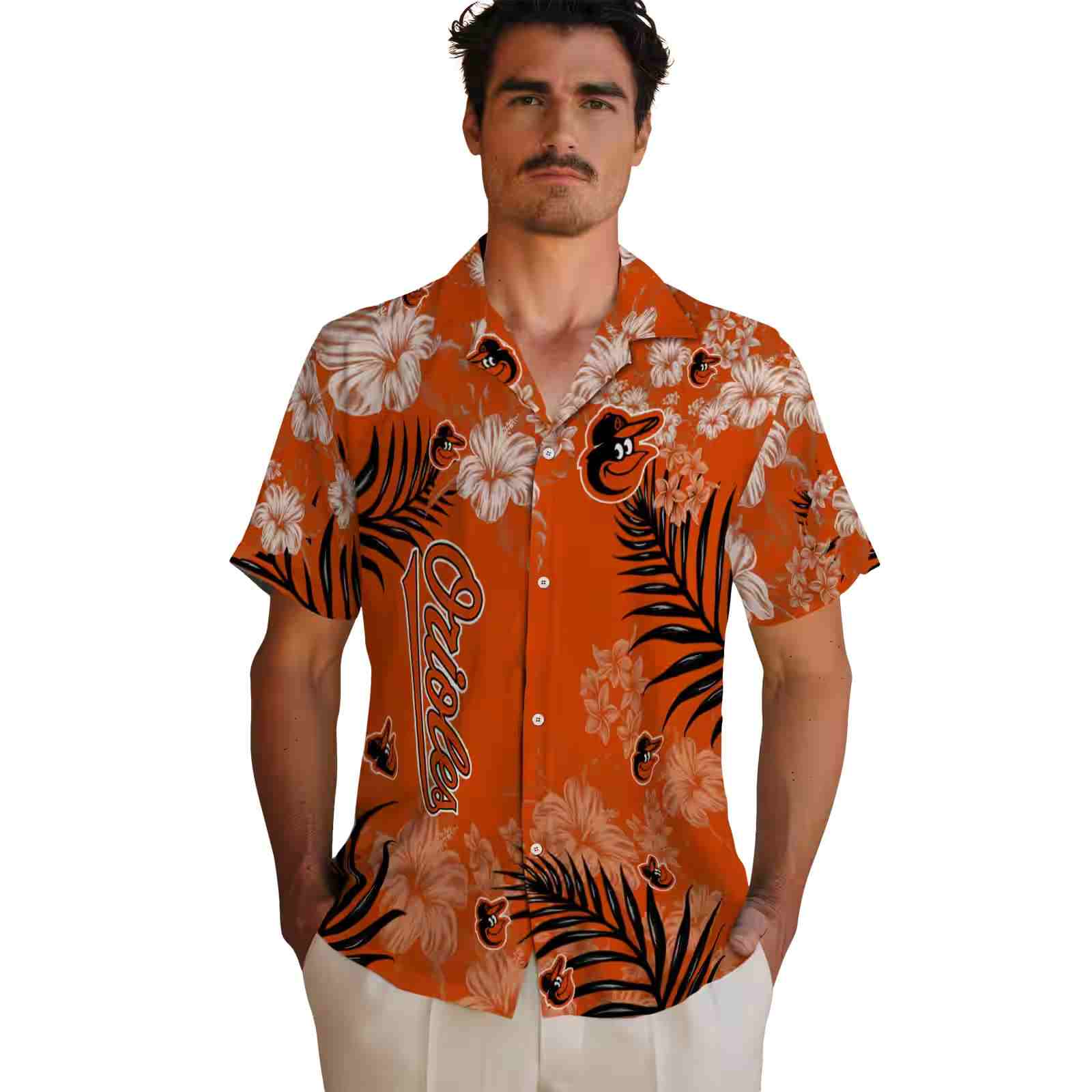 baltimore orioles hibiscus print orange hawaiian shirt fashion forward