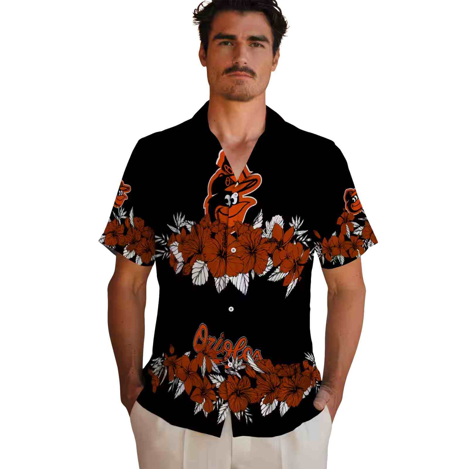 baltimore orioles hibiscus stripe orange black hawaiian shirt fashion forward