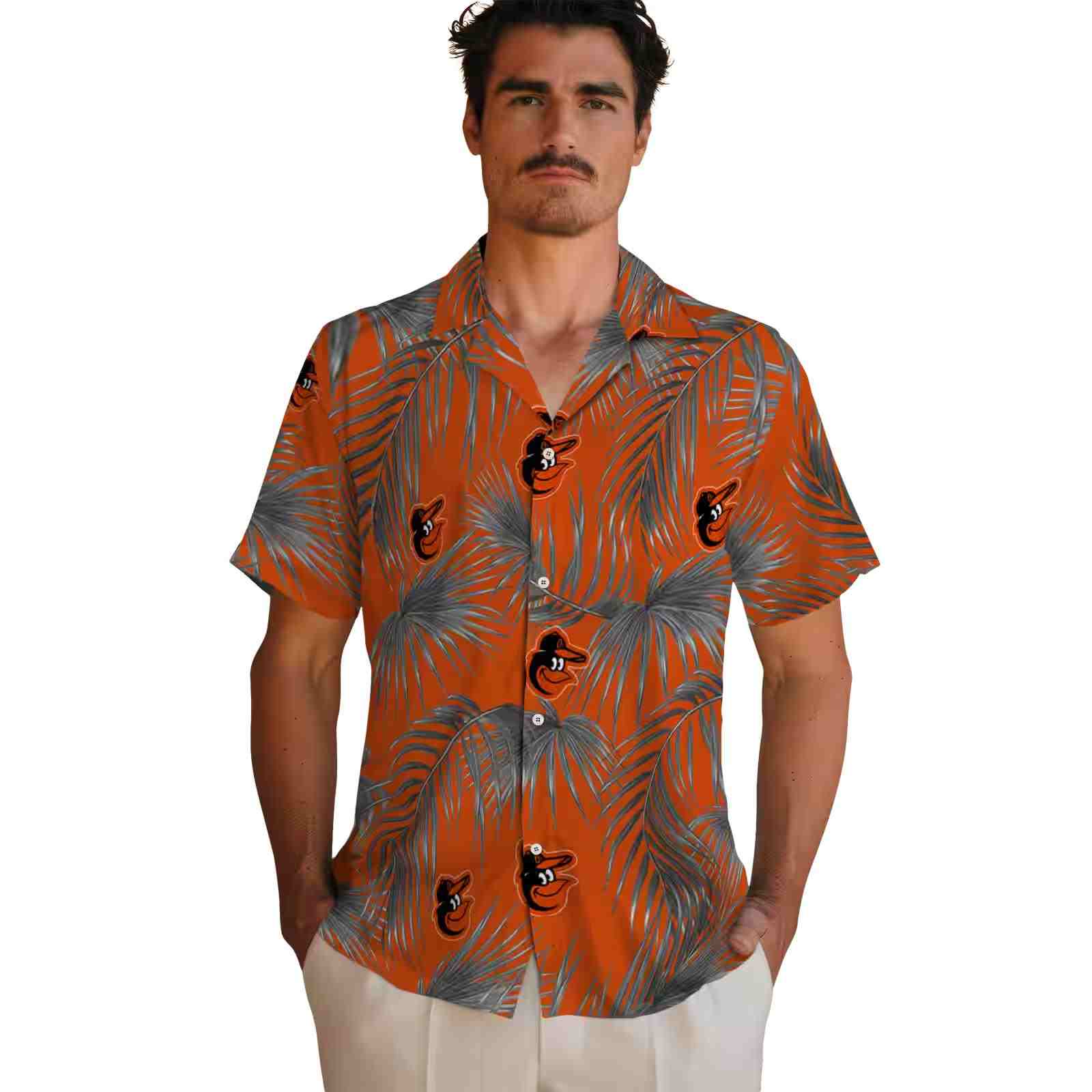 baltimore orioles leafy palms orange hawaiian shirt fashion forward