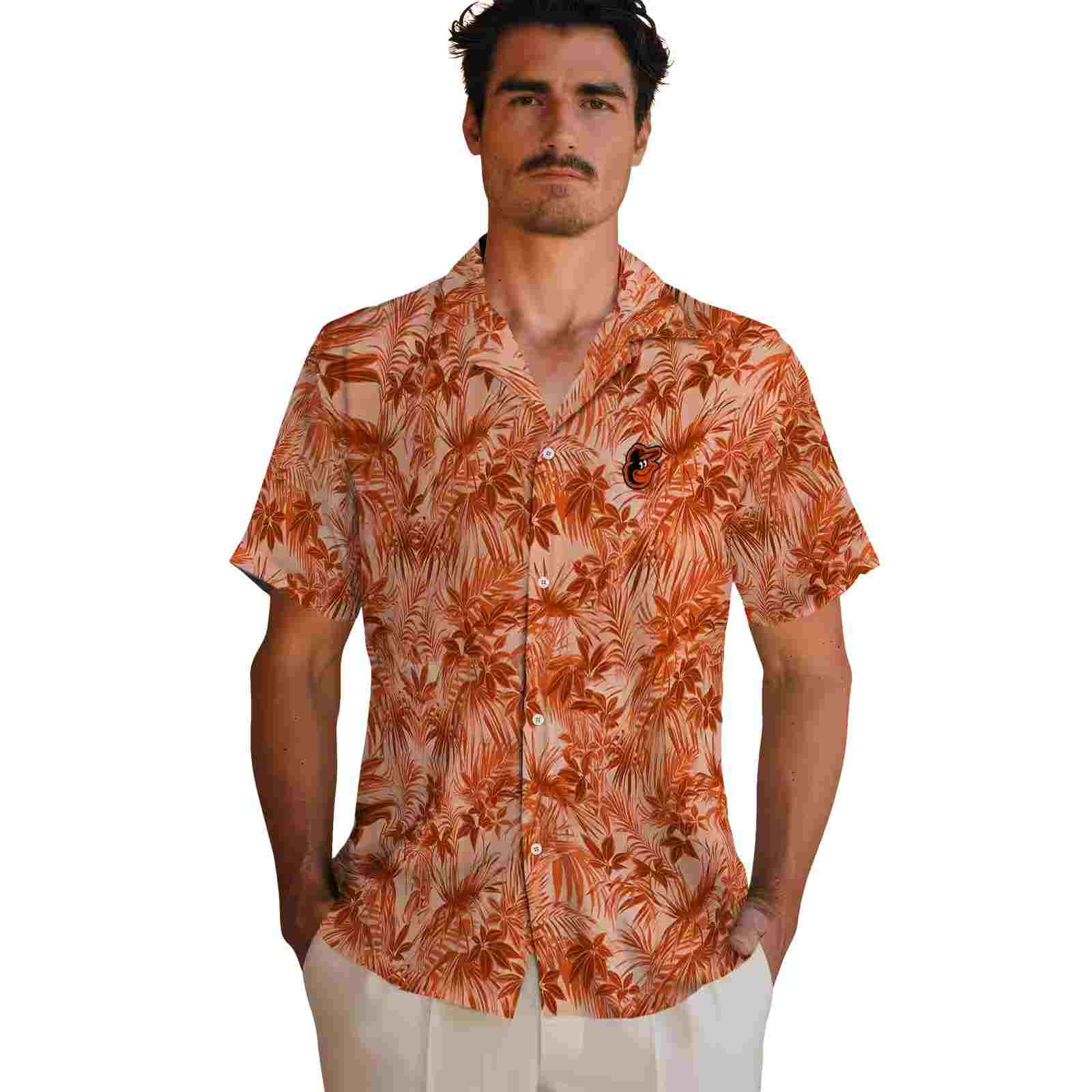 baltimore orioles leafy pattern orange hawaiian shirt fashion forward