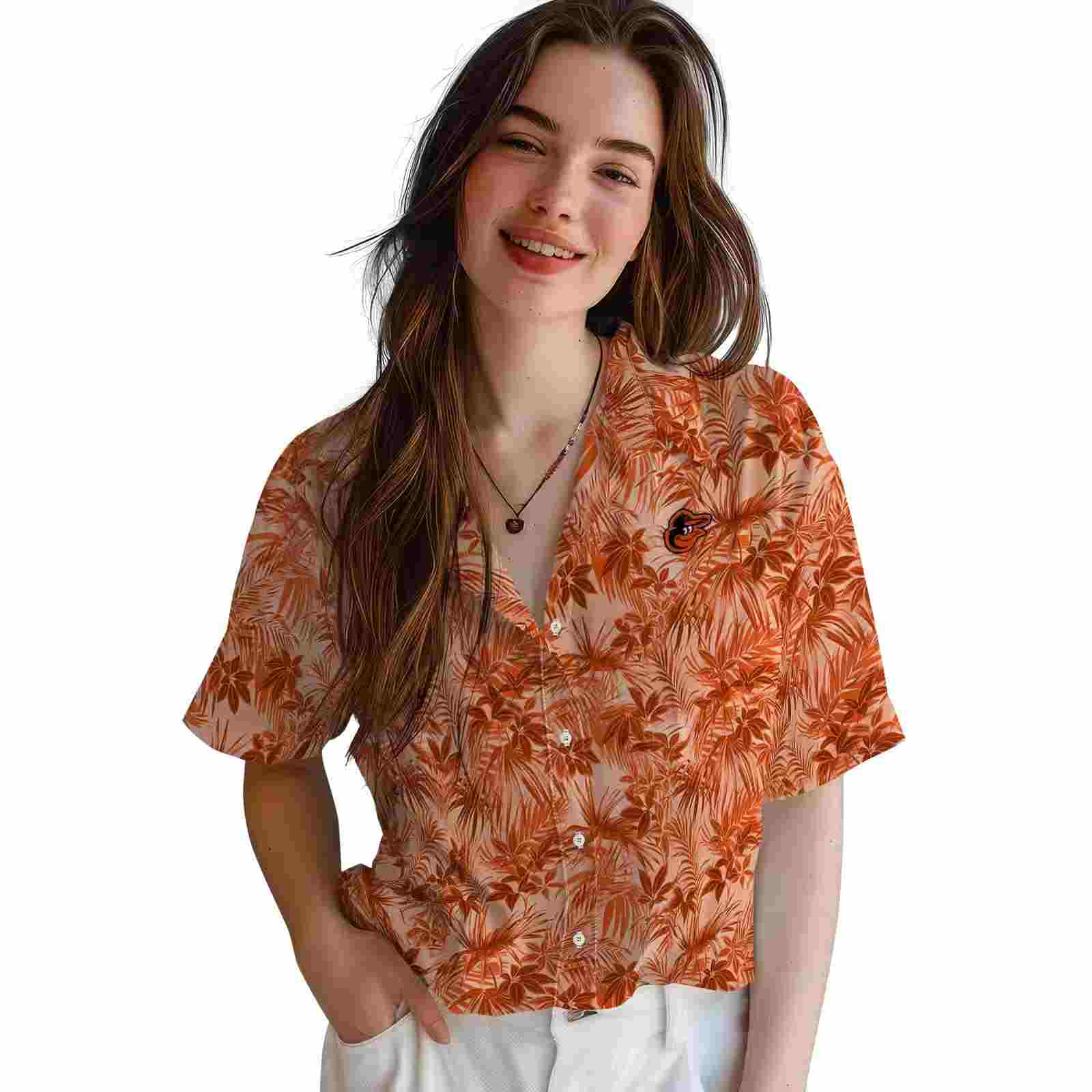 baltimore orioles leafy pattern orange hawaiian shirt latest model