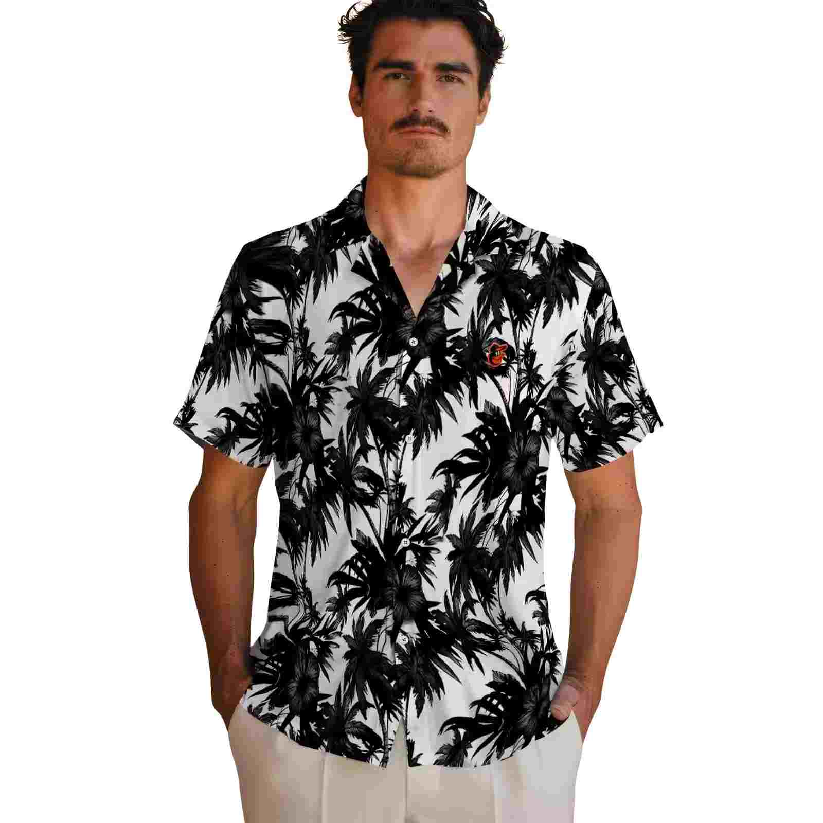 baltimore orioles palm motifs black white hawaiian shirt fashion forward