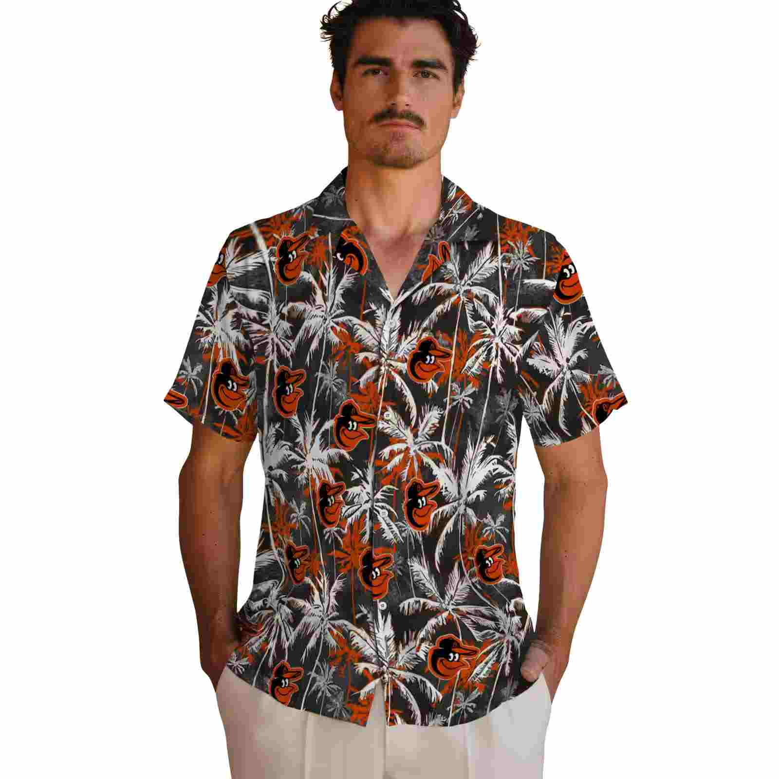 baltimore orioles palm pattern orange black hawaiian shirt fashion forward