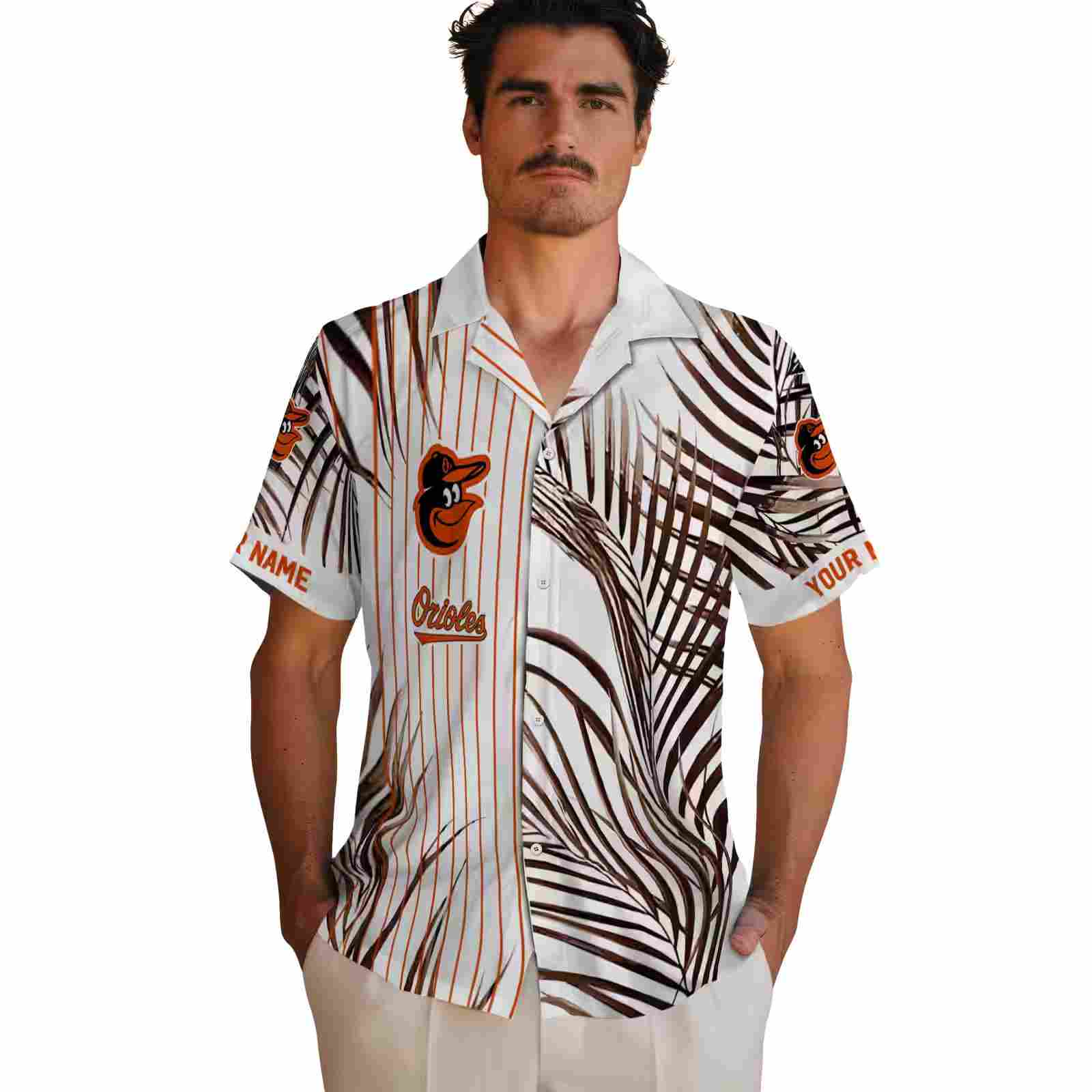 baltimore orioles palm stripes orange black white hawaiian shirt fashion forward