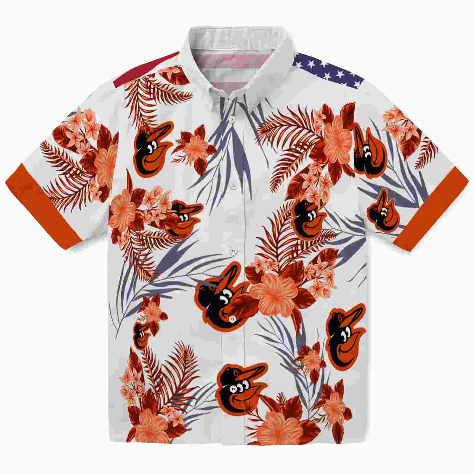 Baltimore Orioles Patriotic Hibiscus Design Orange White Hawaiian Shirt