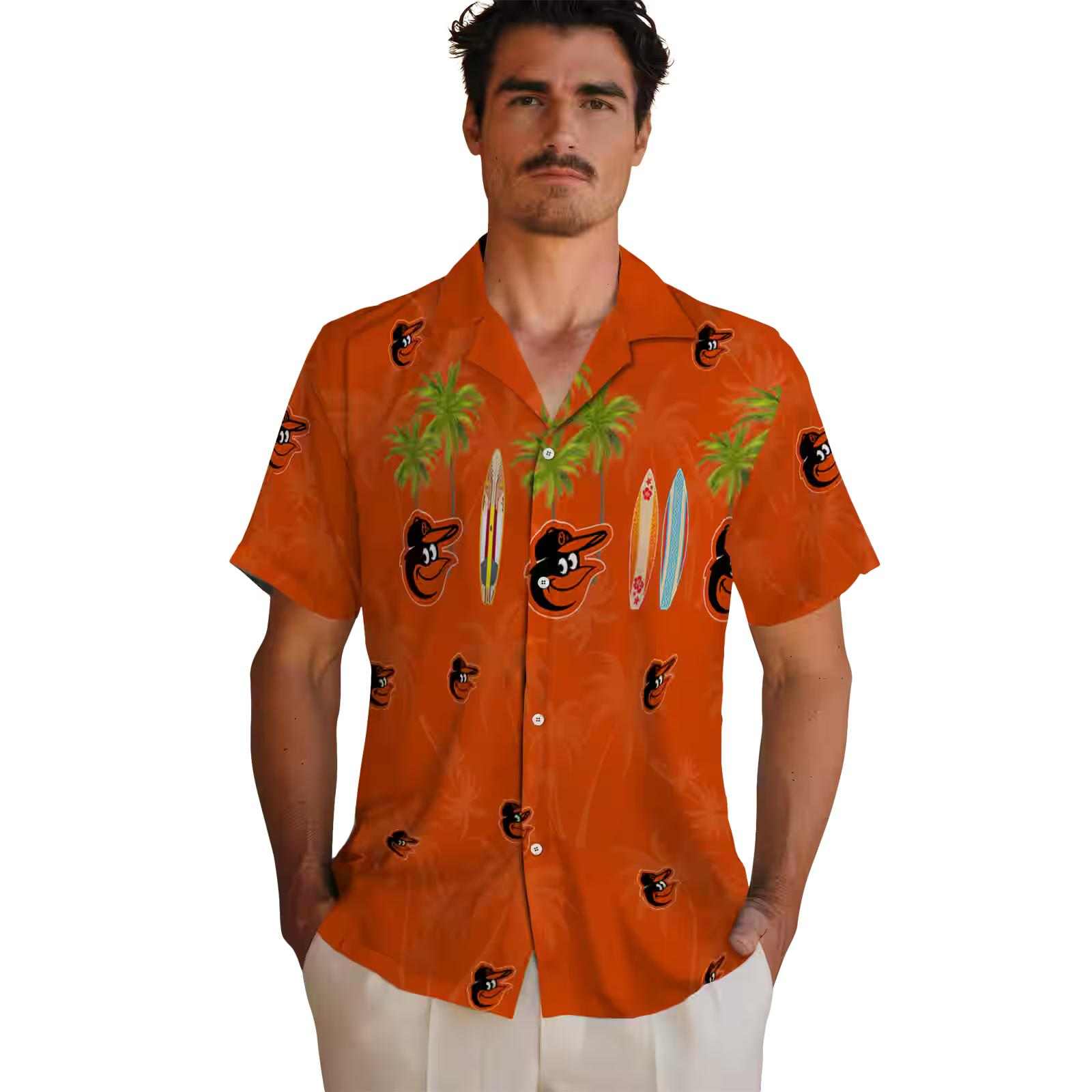 baltimore orioles surfboard palm orange hawaiian shirt fashion forward