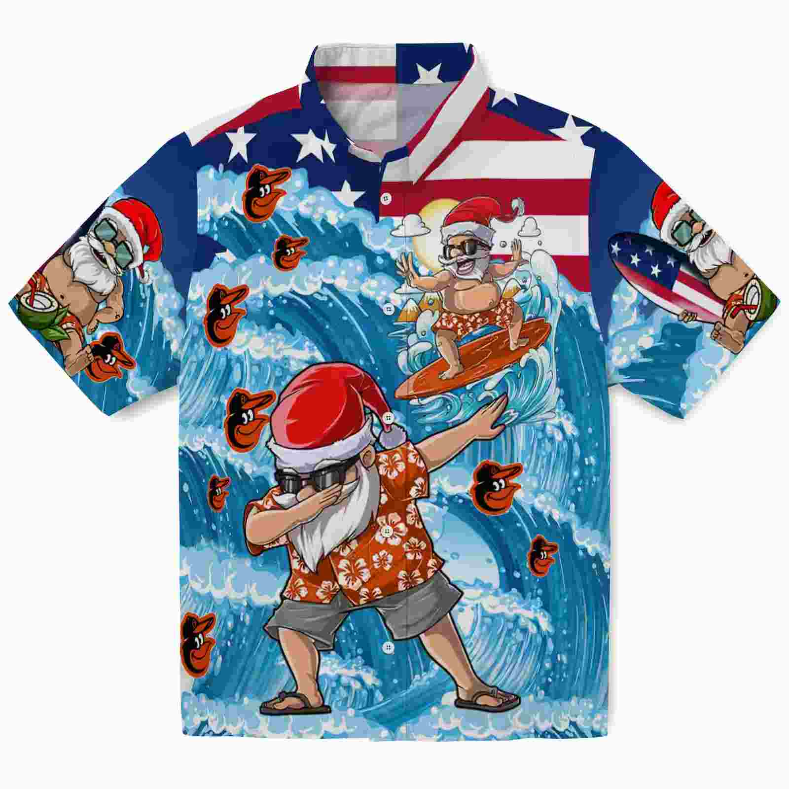 Baltimore Orioles Surfing Santa Blue Hawaiian Shirt