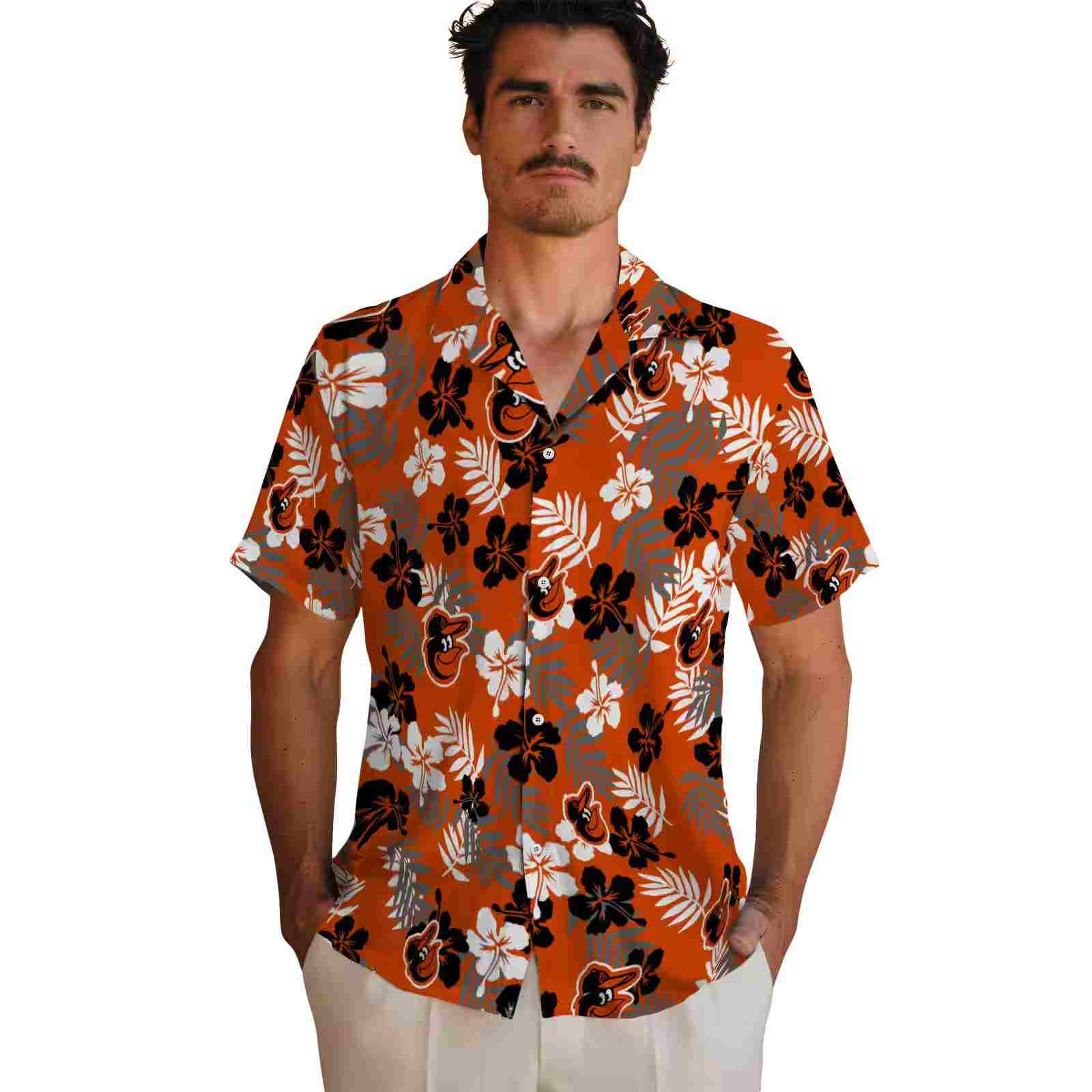 baltimore orioles tropical floral orange hawaiian shirt fashion forward