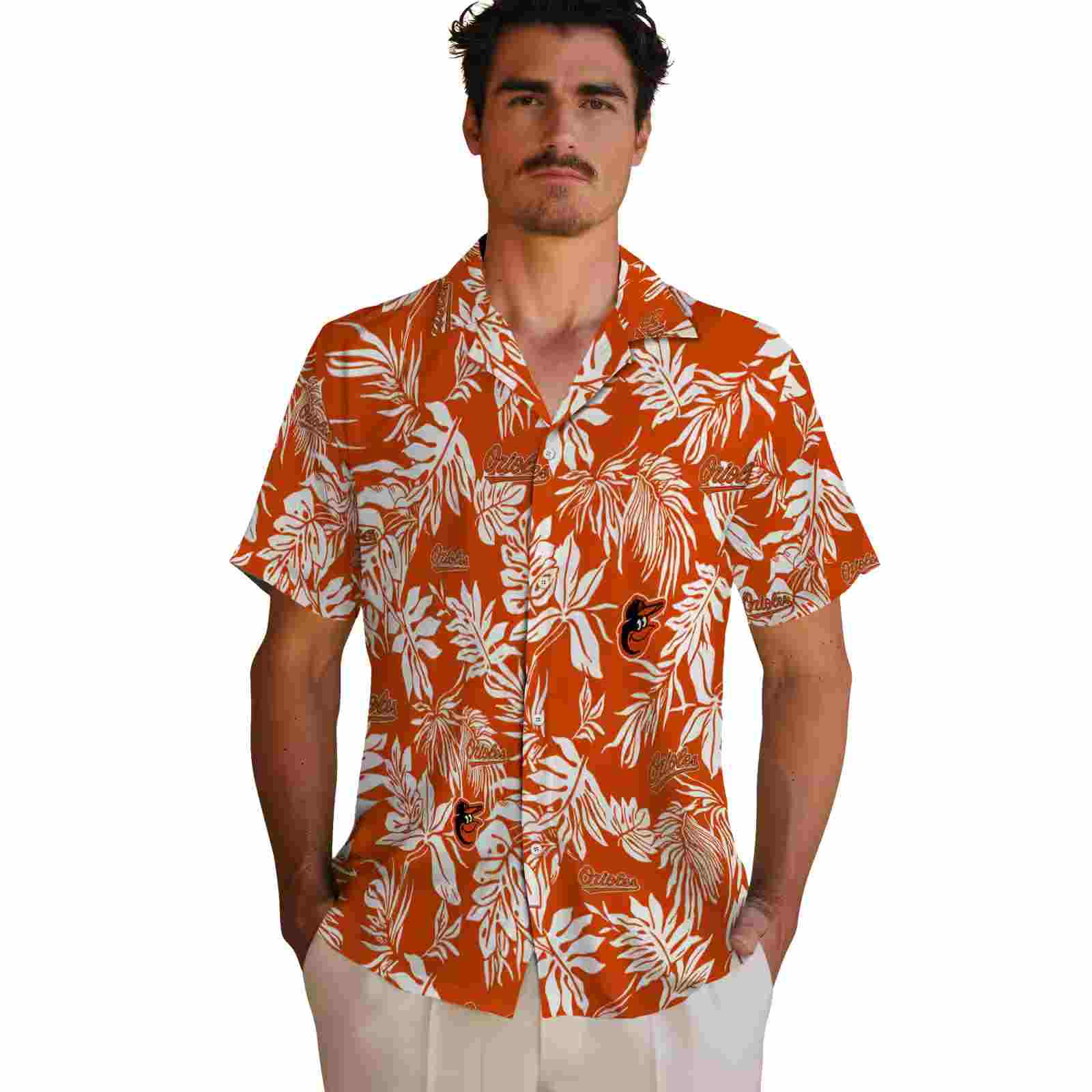 baltimore orioles tropical leaf orange white hawaiian shirt fashion forward