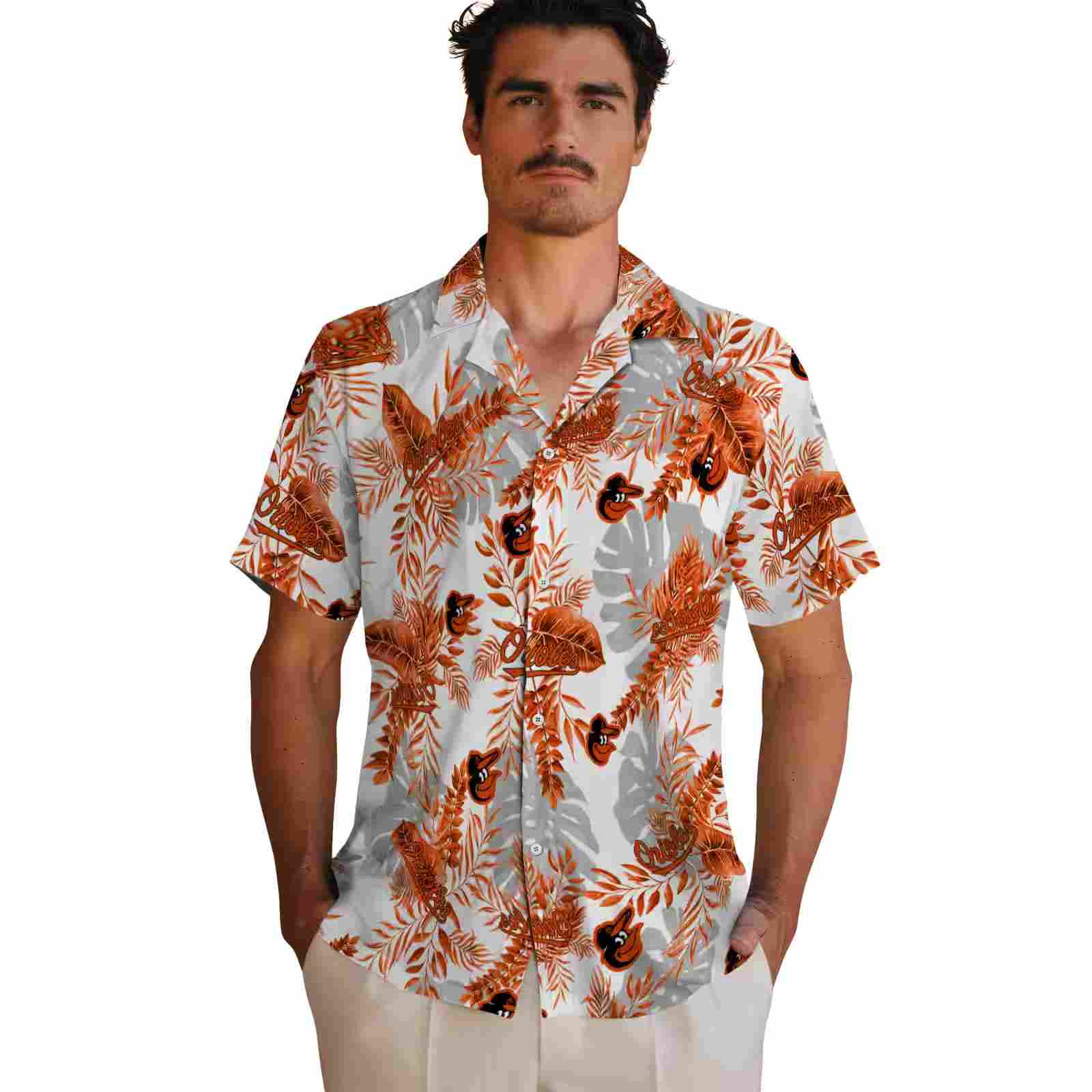 baltimore orioles tropical leaves white hawaiian shirt fashion forward