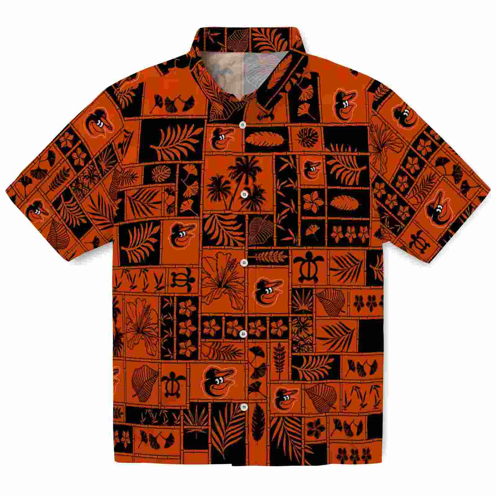 Baltimore Orioles Tropical Patchwork Orange Black Hawaiian Shirt