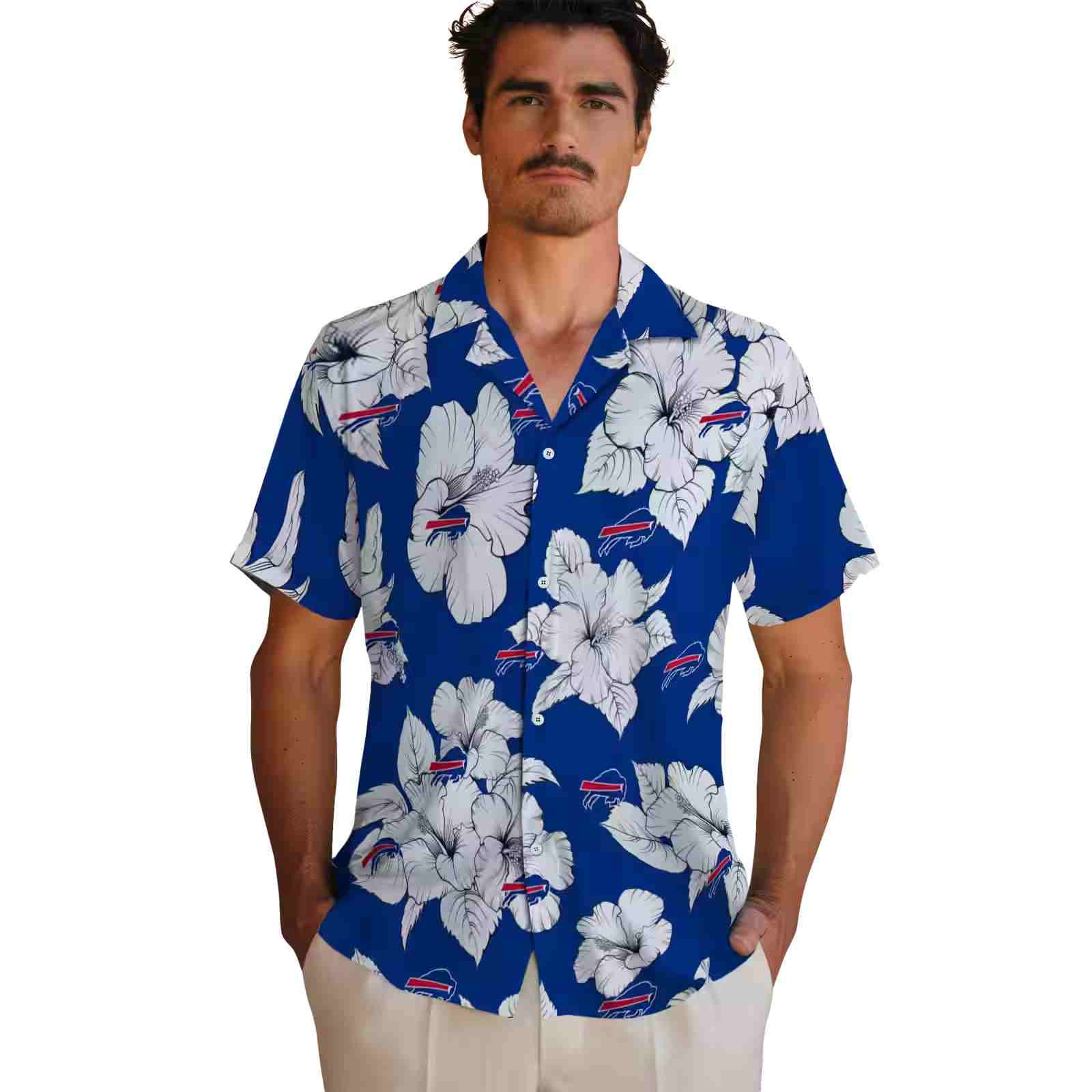 buffalo bills hibiscus blooms blue white hawaiian shirt fashion forward