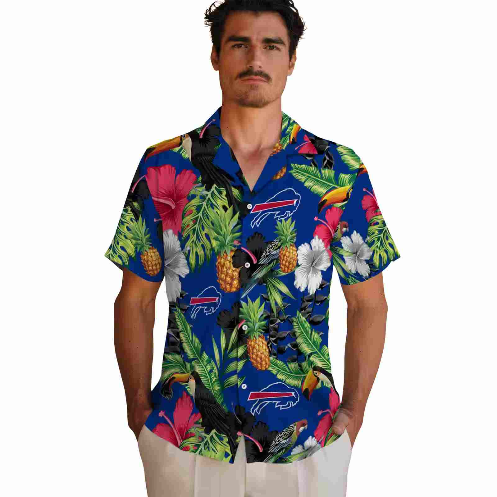 buffalo bills toucan hibiscus pineapple blue green hawaiian shirt fashion forward