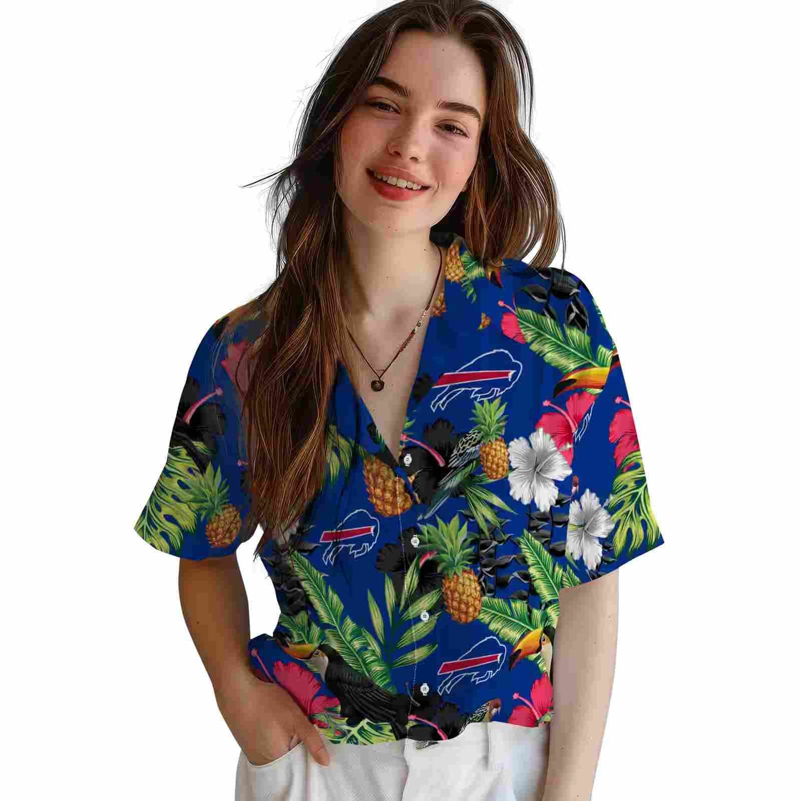 buffalo bills toucan hibiscus pineapple blue green hawaiian shirt latest model