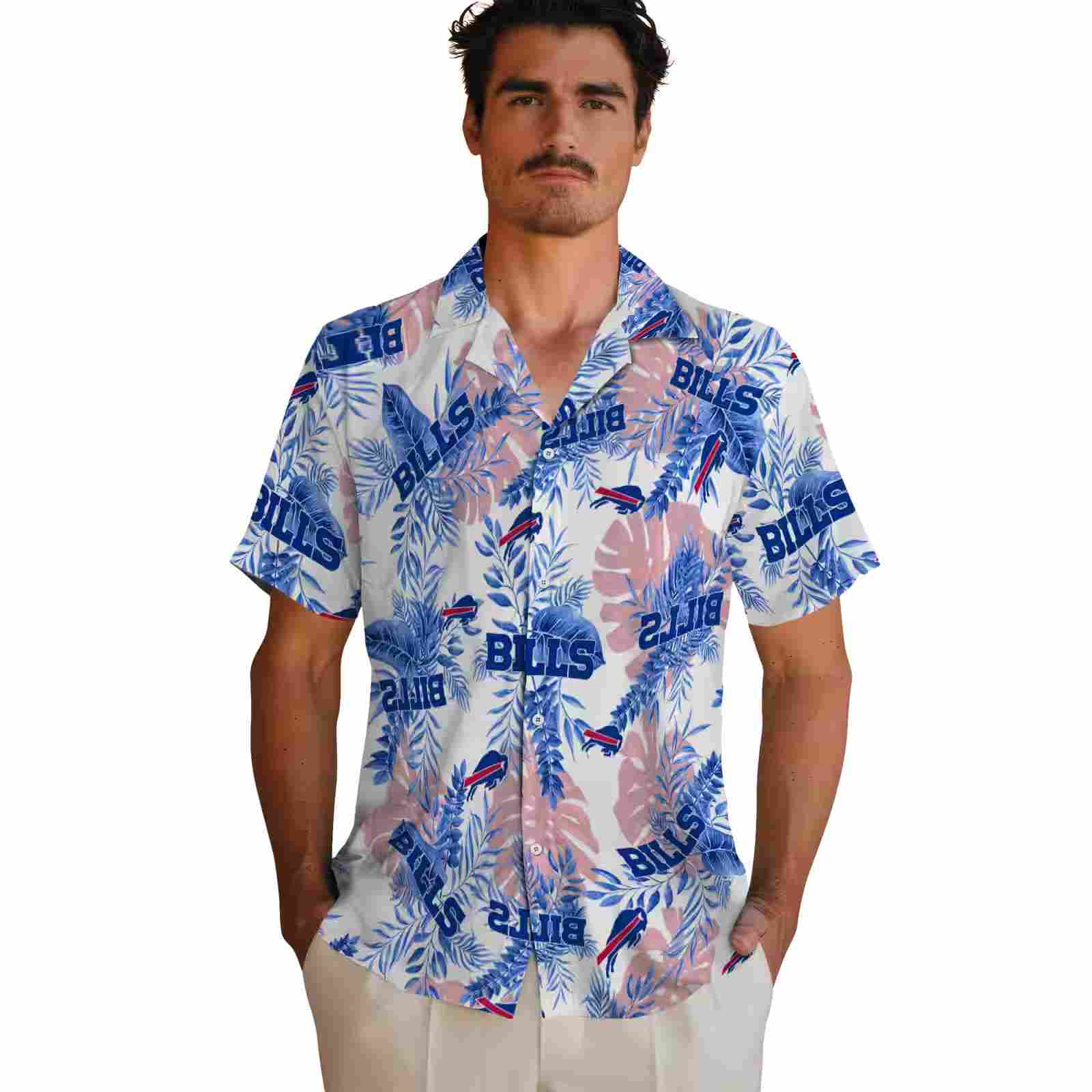 buffalo bills tropical leaves white hawaiian shirt fashion forward