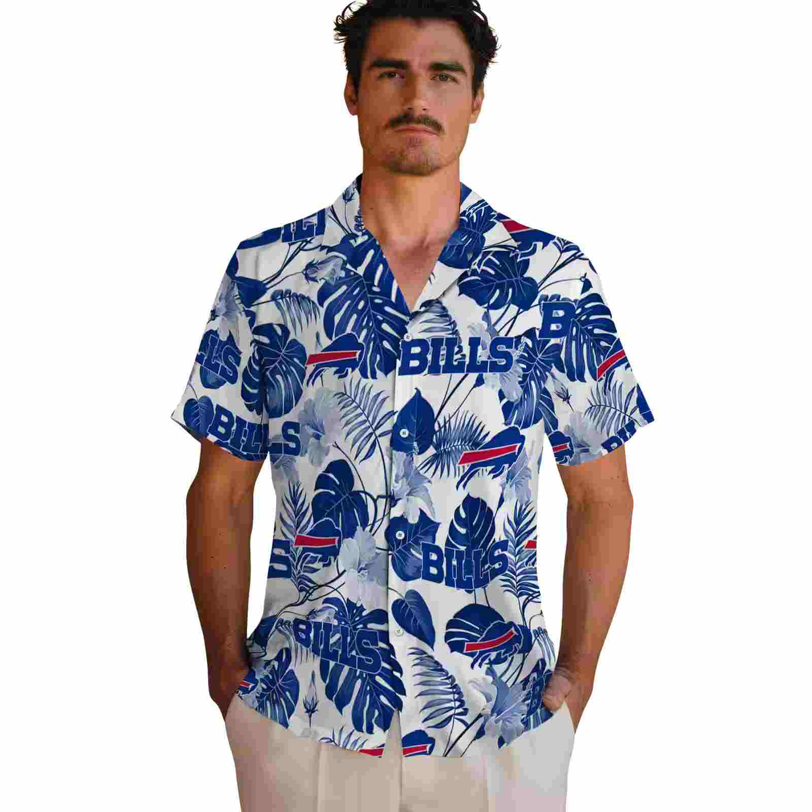 buffalo bills tropical plants blue white hawaiian shirt fashion forward