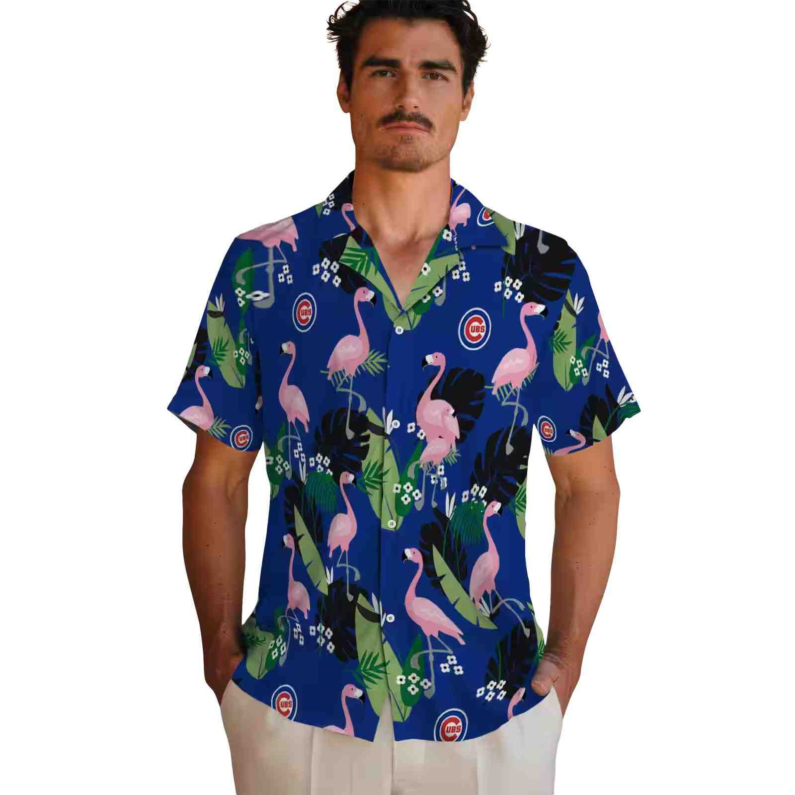 chicago cubs flamingo leaf motif blue hawaiian shirt fashion forward