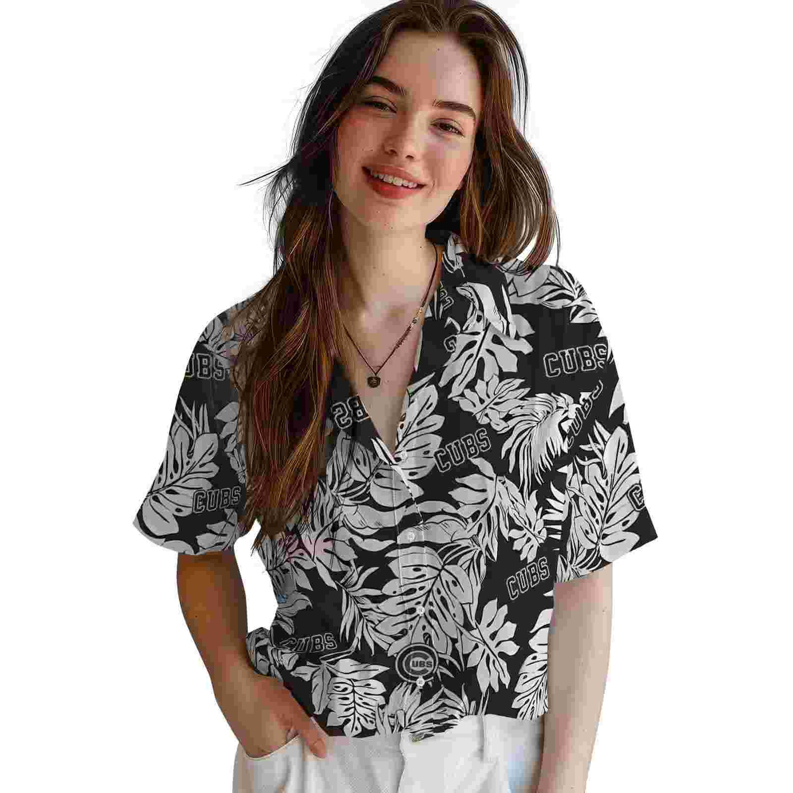 chicago cubs monstera leaf pattern black hawaiian shirt latest model