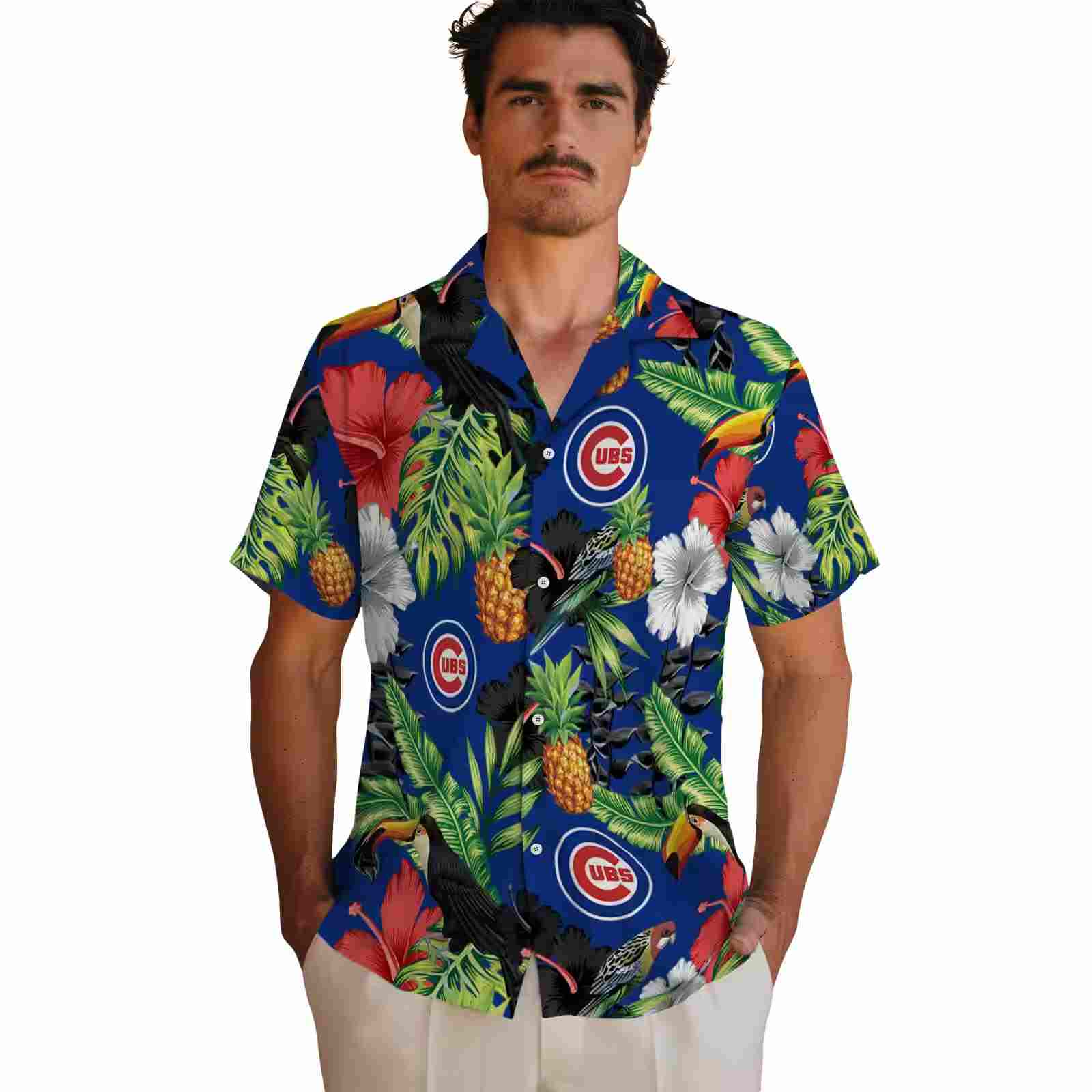 chicago cubs toucan hibiscus pineapple blue green hawaiian shirt fashion forward